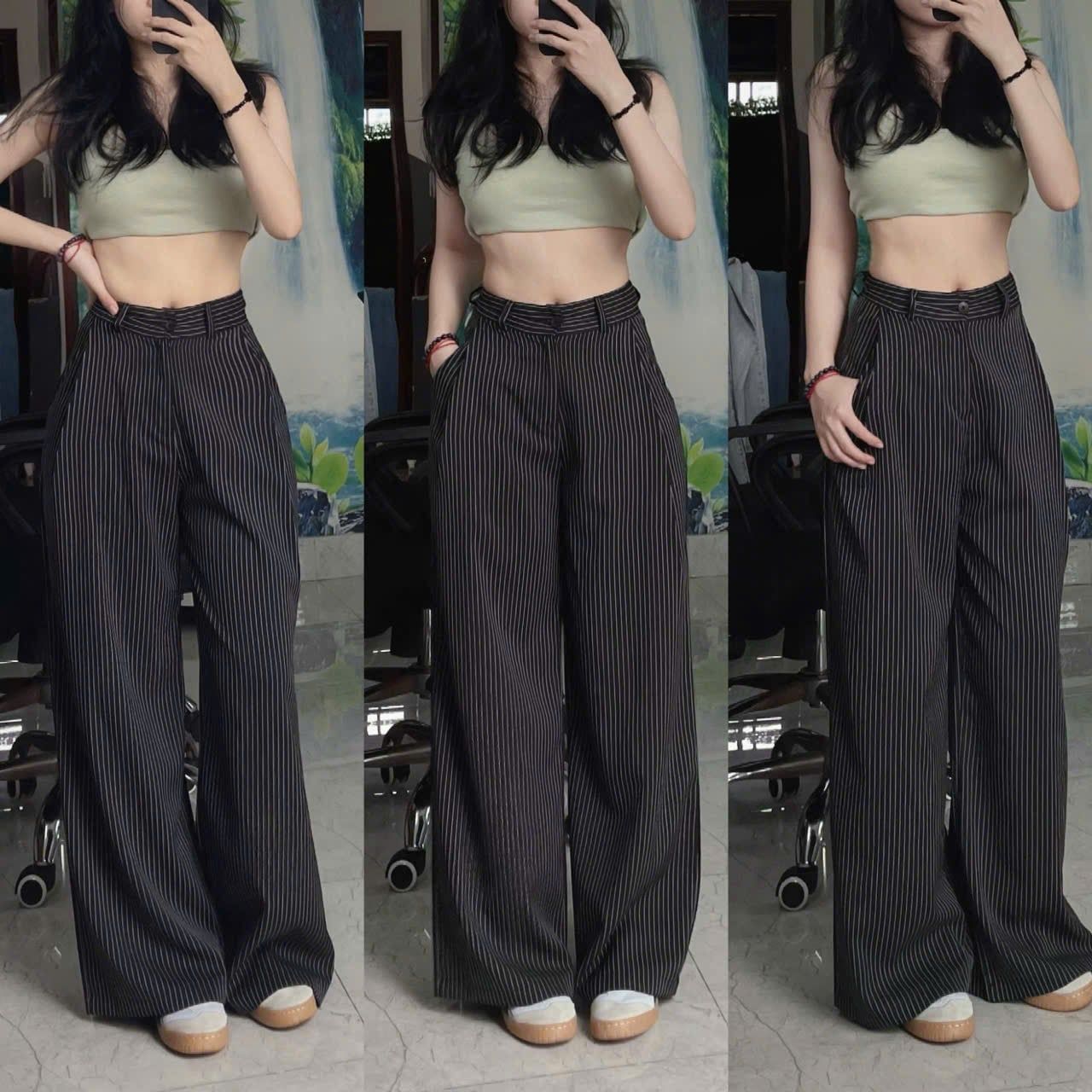  Quần suông ống rộng kẻ sọc - ĐEN - S124 ( eo S<64, M<68, L<72 ) ( DÀI 103CM ) 
