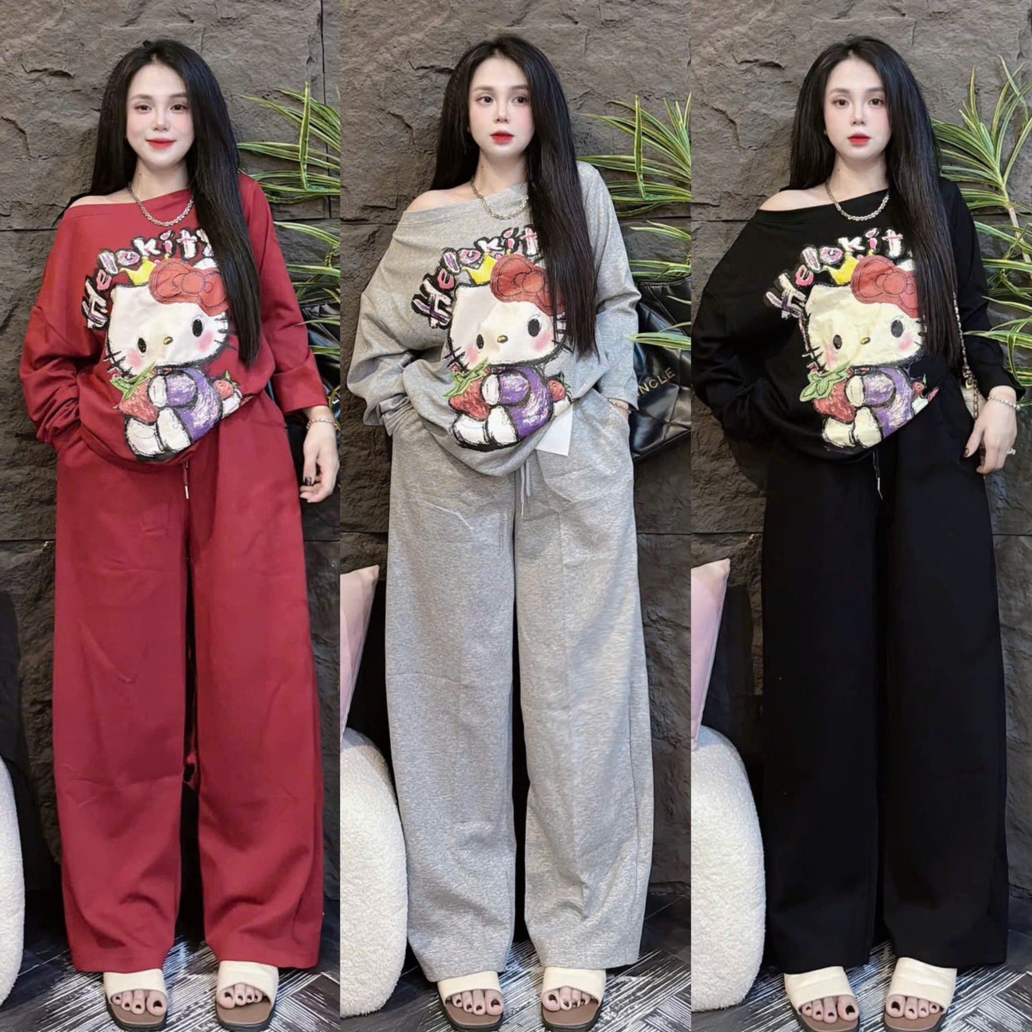  Set áo lệch vai hellokitty mix quần suông rộng - ĐEN - Z48 