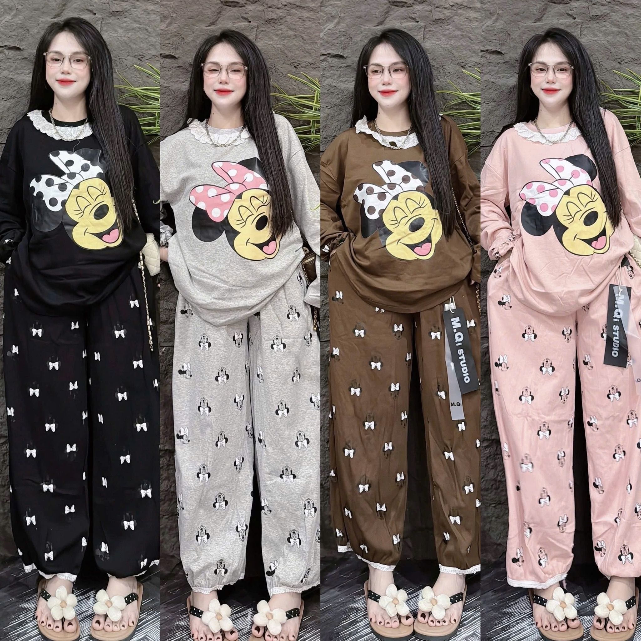  Set áo tay dài cổ phối bèo mix quần hello mickey mini - XÁM - Z050 