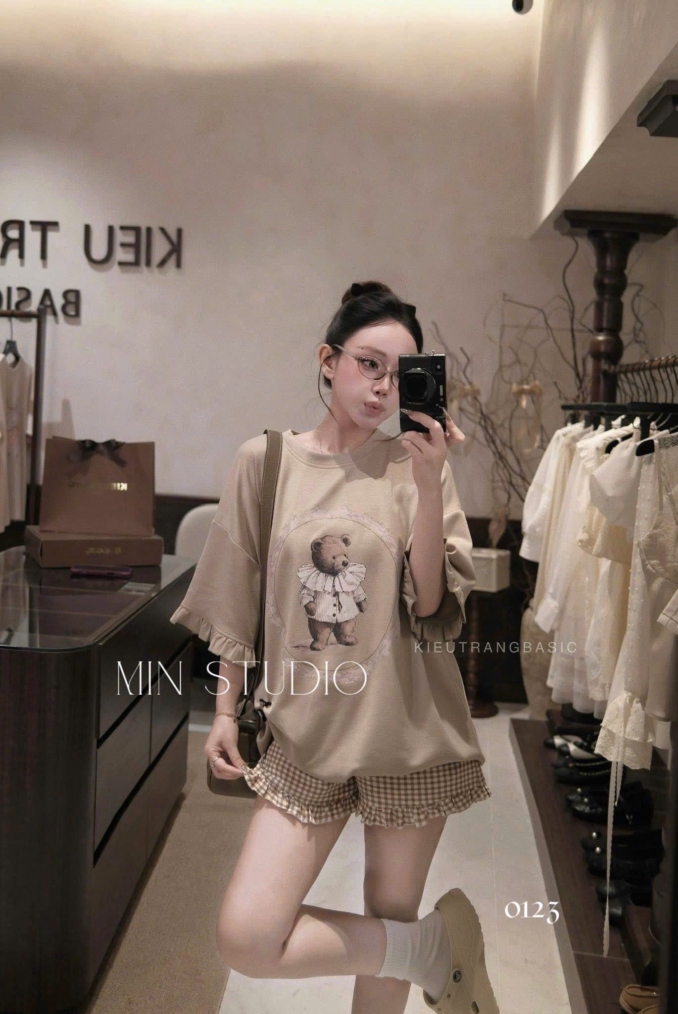  Set áo phông in hình gấu mix quần kẻ phối bèo - K233 