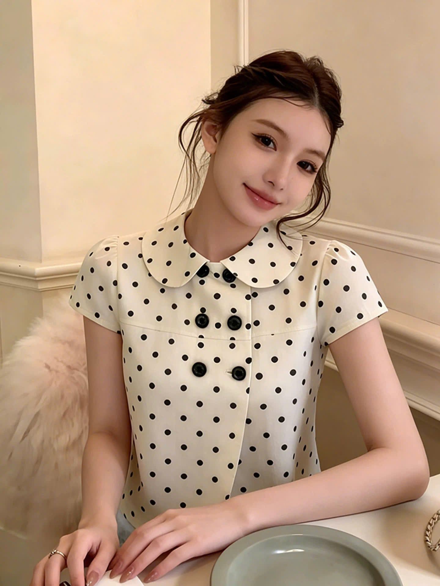  H74 Áo cổ sen form babydoll hoạ tiết chấm bi - KEM - G288 