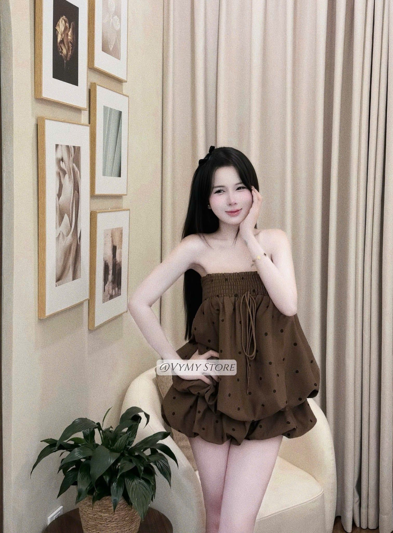 Q1 Set chấm bi áo hai dây bo chun ngực mix chân váy - NÂU - G121 áo và váy đúp 2 lớp 