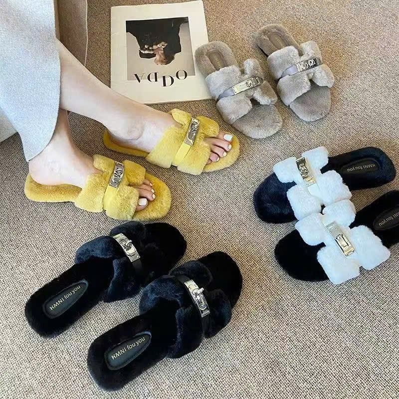  Dép lông mềm mịn khóa tag bạc mới thu đông - VÀNG - G85 
