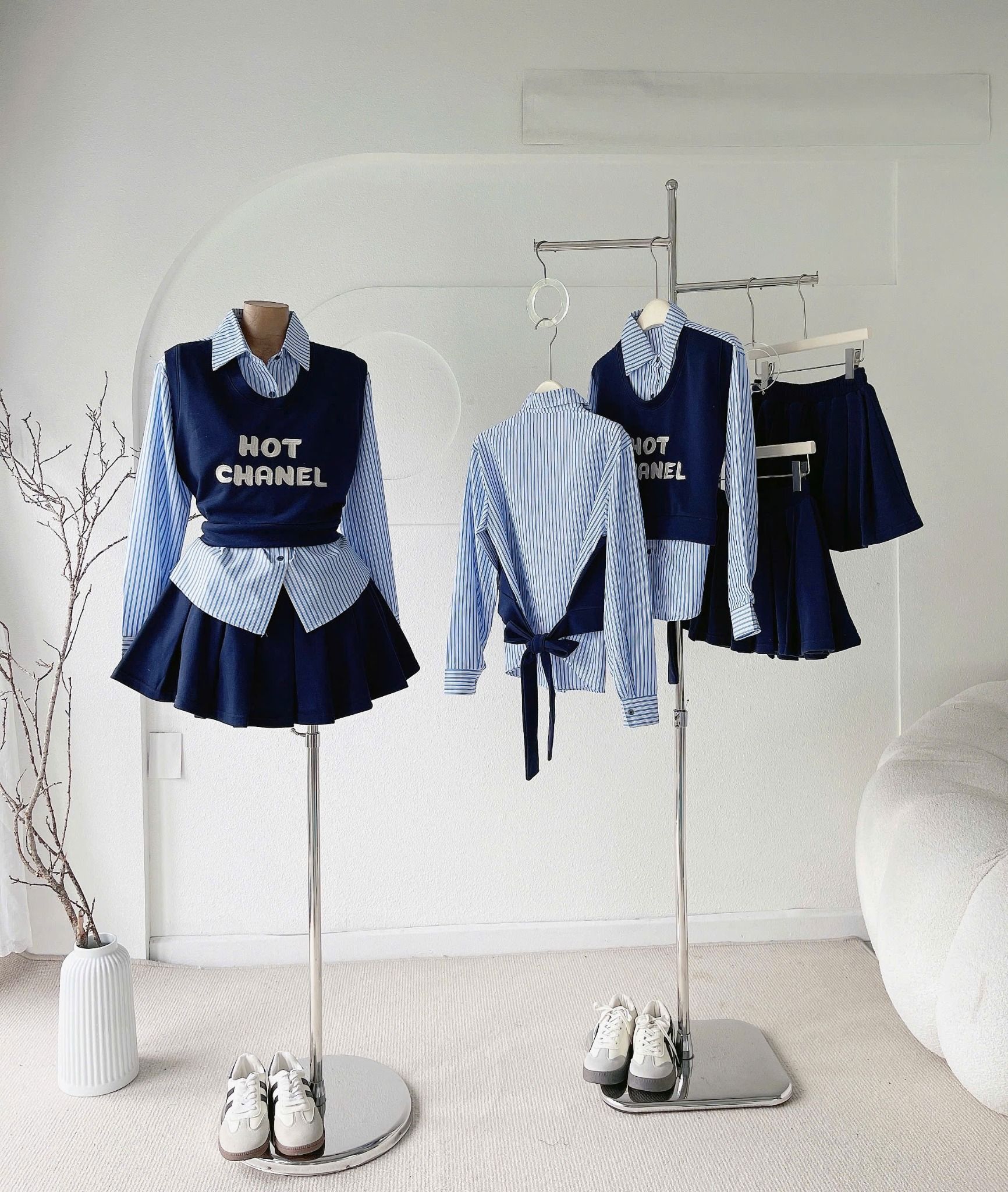  Set áo sơ mi kẻ sọc HOT CHANEL mix chân váy - H43 
