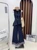  Set Jean áo sát nách xếp li to nhấn nhẹ eo dáng xoè lưng khoá kéo mix quần jean dài ống rộng - E95 (EO S<68, M<72) 