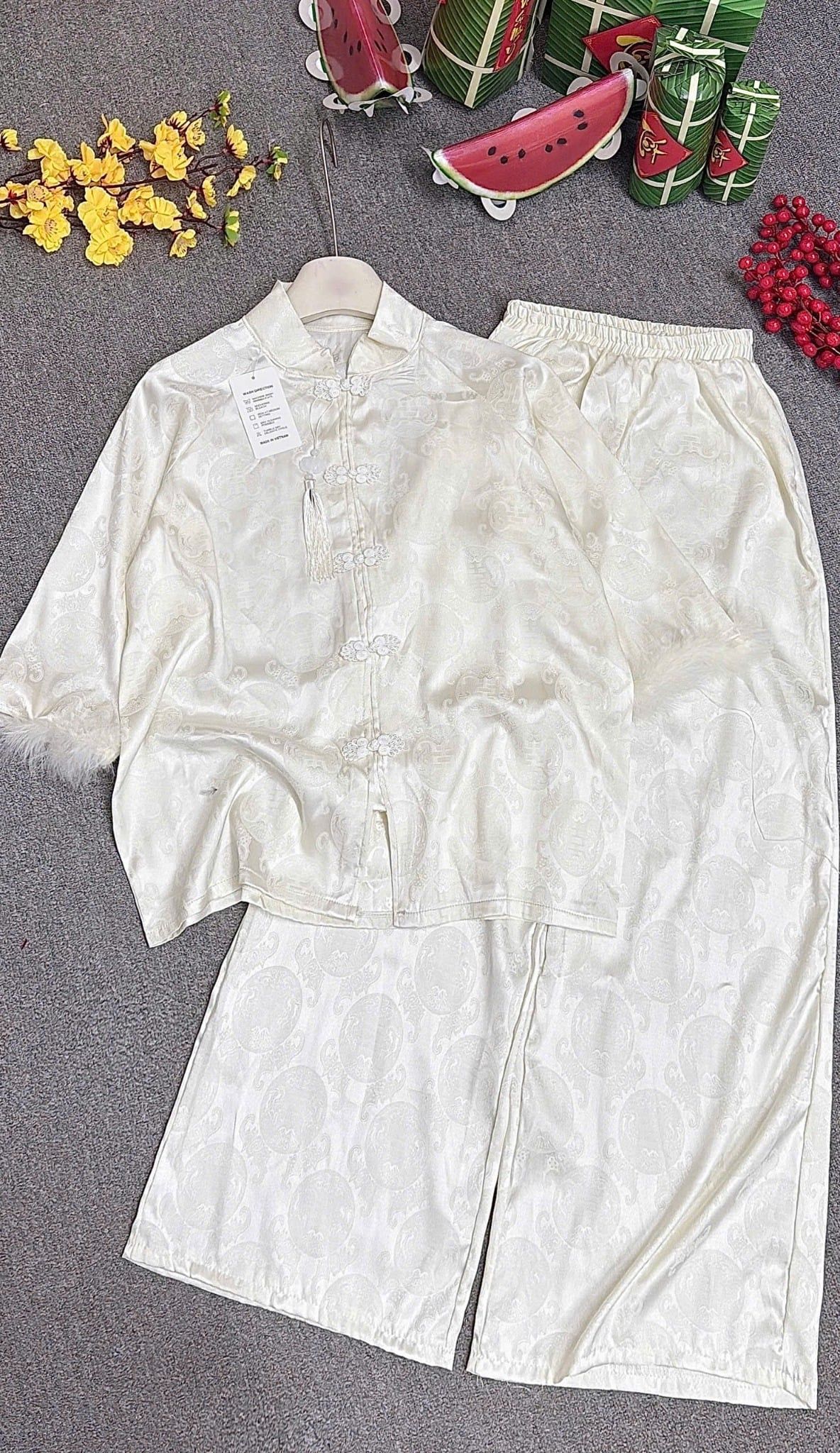  Set bộ lam tay phối lông cài nút tàu mix quần suông - KEM - E71 ( ÁO DÀI 70CM , QUẦN 100CM ) 