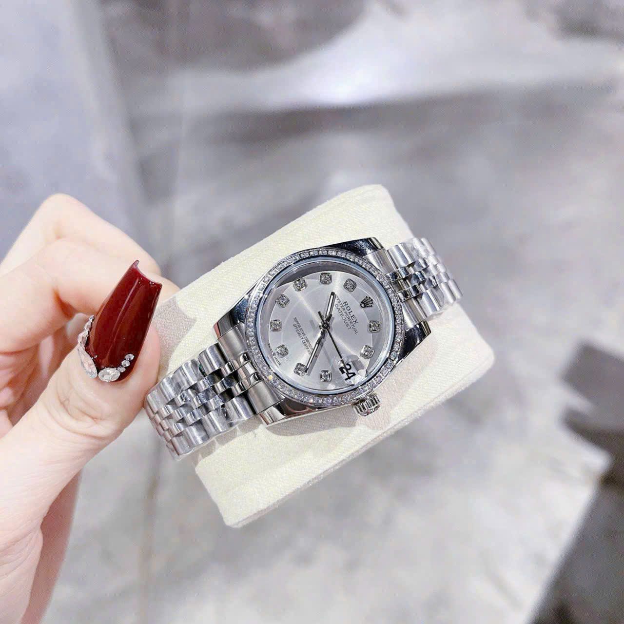  Đồng hồ ROLEX mặt tròn đính đá BẠC - DH16 ( MÃ 12 ) 