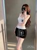  Set áo ba lỗ croptop chữ thập mix chân váy ngắn cá tính - ĐEN - E124 