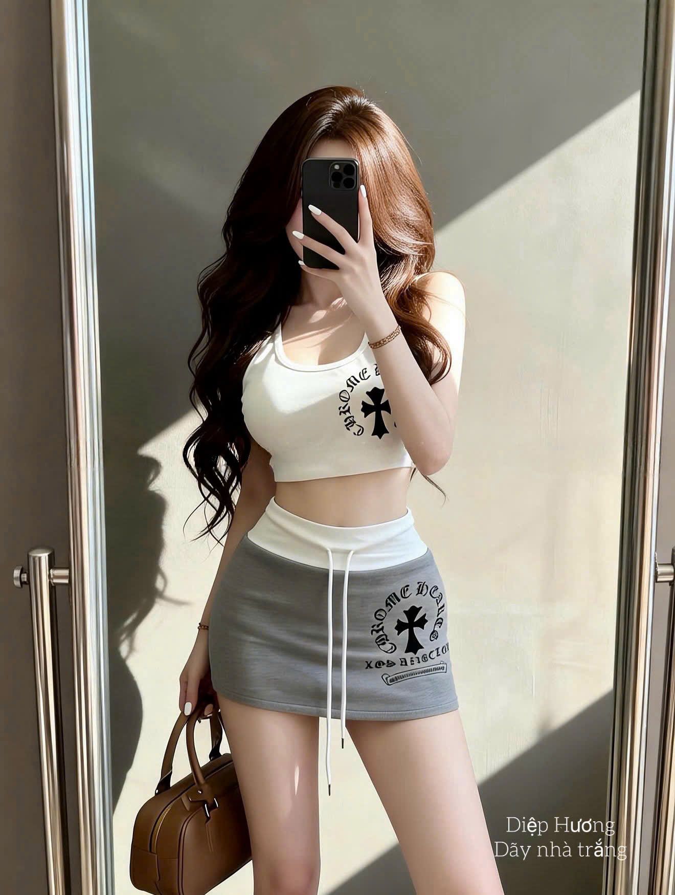  Set áo ba lỗ croptop chữ thập mix chân váy ngắn cá tính - XÁM - E125 