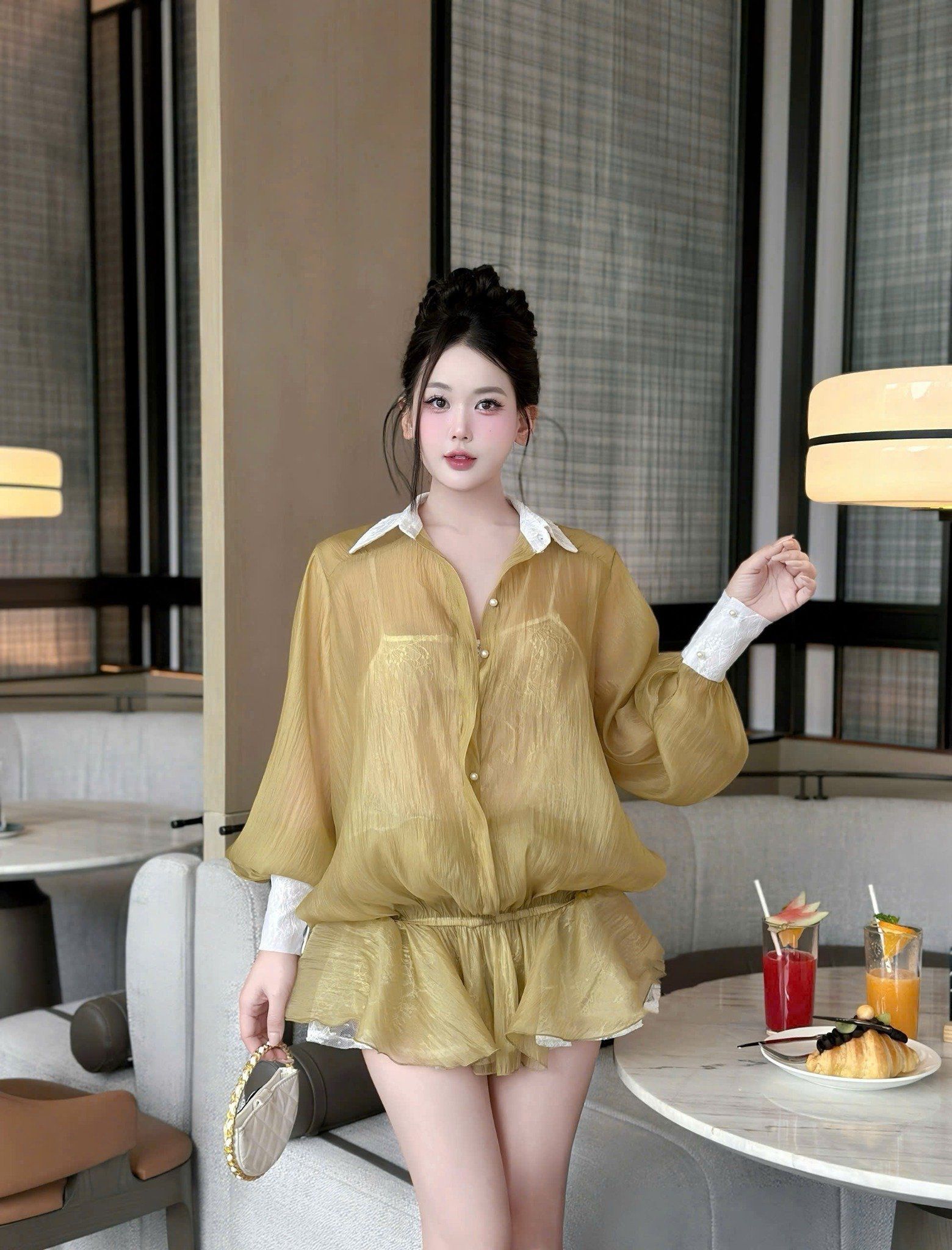  Set váy cổ sơ mi phối ren đính cúc ngọc bồng xòe kèm áo lót ren 2 dây -  R64 