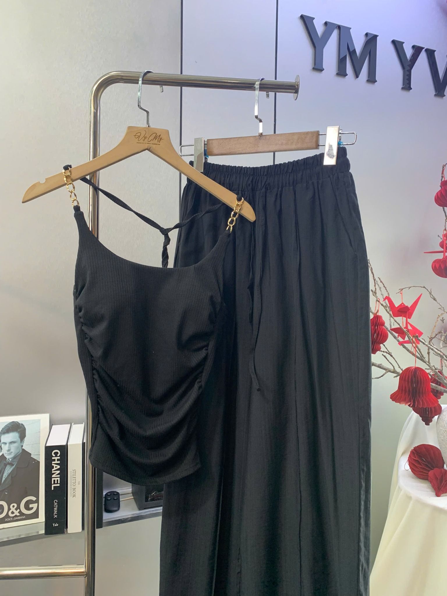  Set áo hai dây xích mix quần suông đũi - ĐEN - Z57 