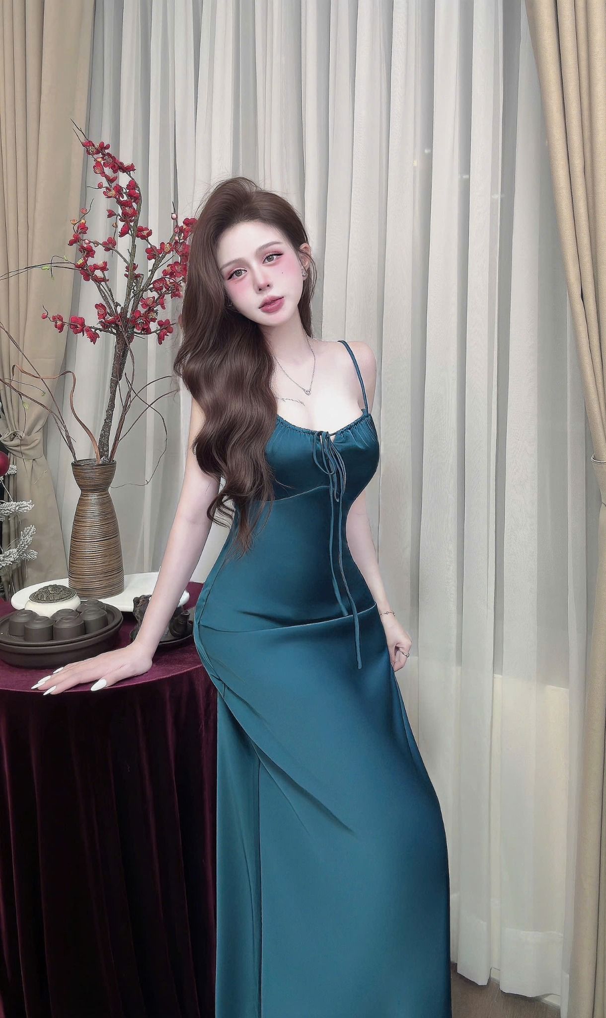  Đầm lụa hai dây buộc dây ngực dáng suông dài 130cm - XANH - C207 (EO S<68, M<72, L<76) - HÀNG SALE LỖ KO ĐỔI TRẢ DƯỚI MỌI HÌNH THỨC 