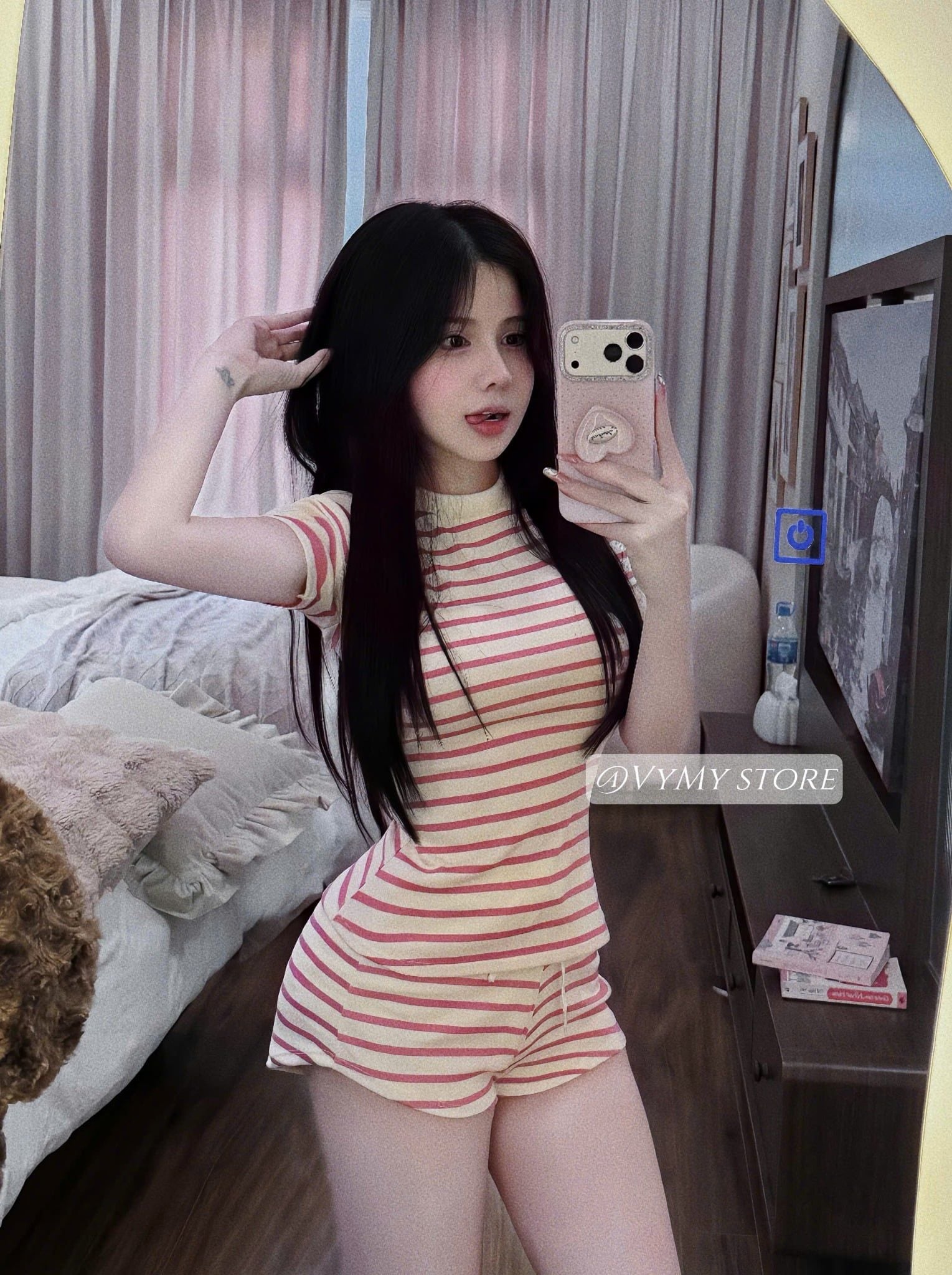  Set bộ cộc tay kẻ sọc mix quần short ngắn siêu hot - HỒNG - K244 