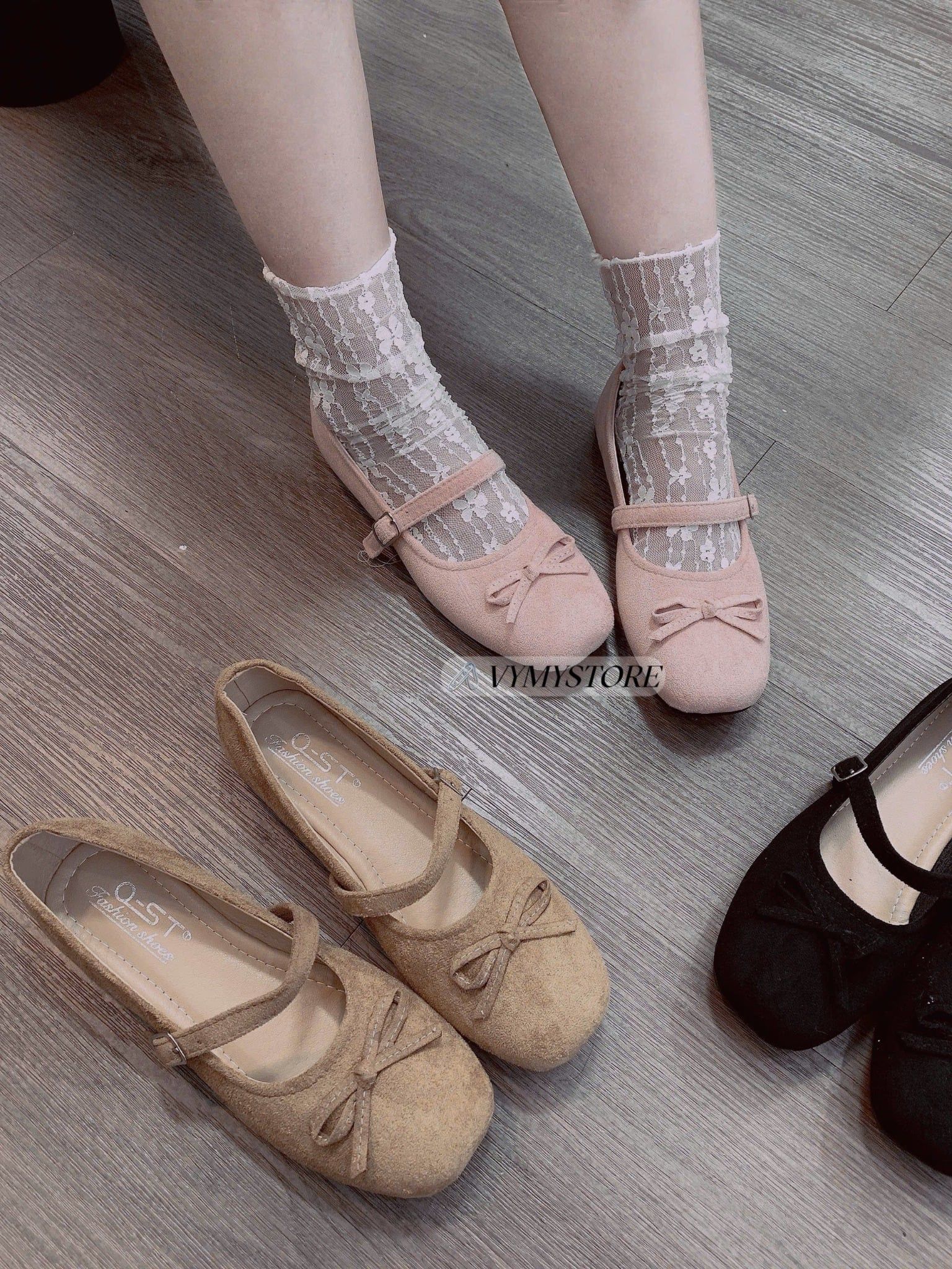  Giày búp bê đính nơ chất da lộn - HỒNG - R31 