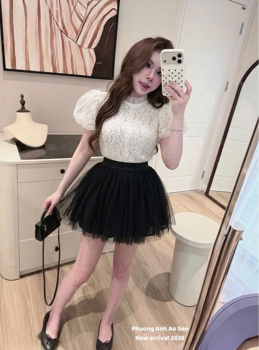  Set áo ren tay lưới bồng mix chân váy tầng xòe siêu xinh - K187 (EO S<68, M<72) 