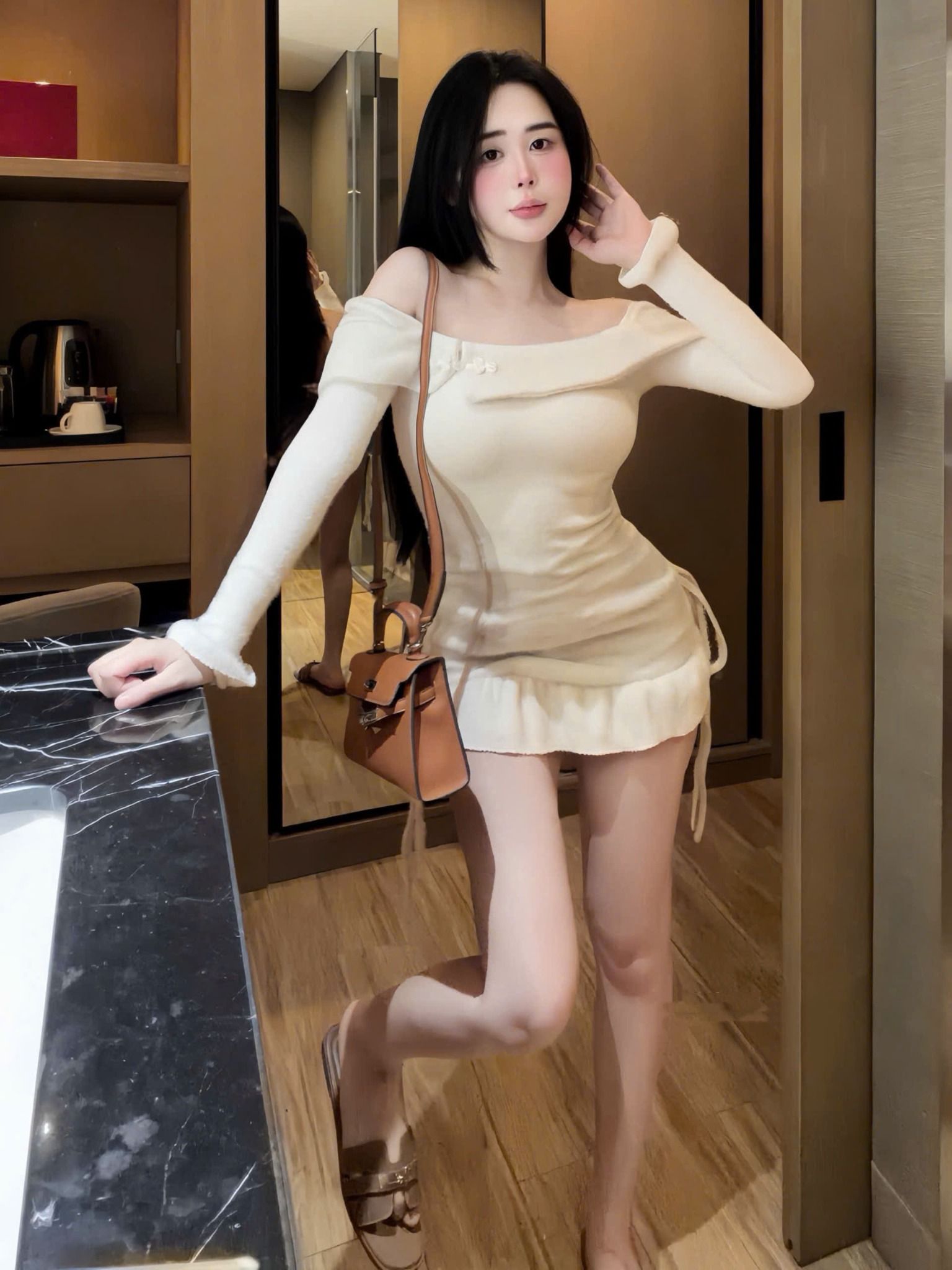  Đầm len lông body trễ vai phối chân bèo siêu đẹp - KEM - S101 ( eo S<68, M<72 ) 