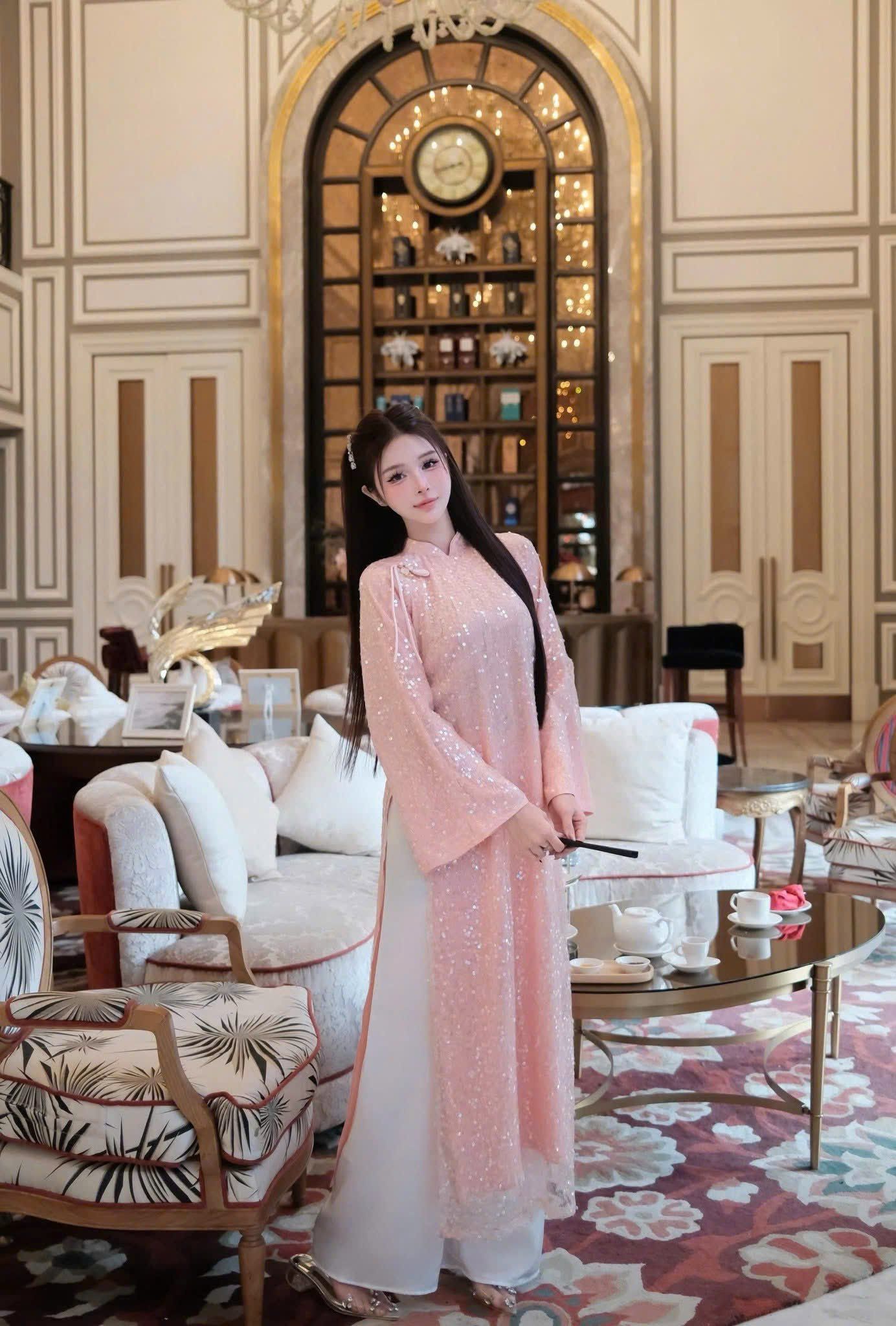  Áo dài kim sa form suông mix quần lụa sang chảnh - HỒNG - Z17 ( 50% lưng chun ) 