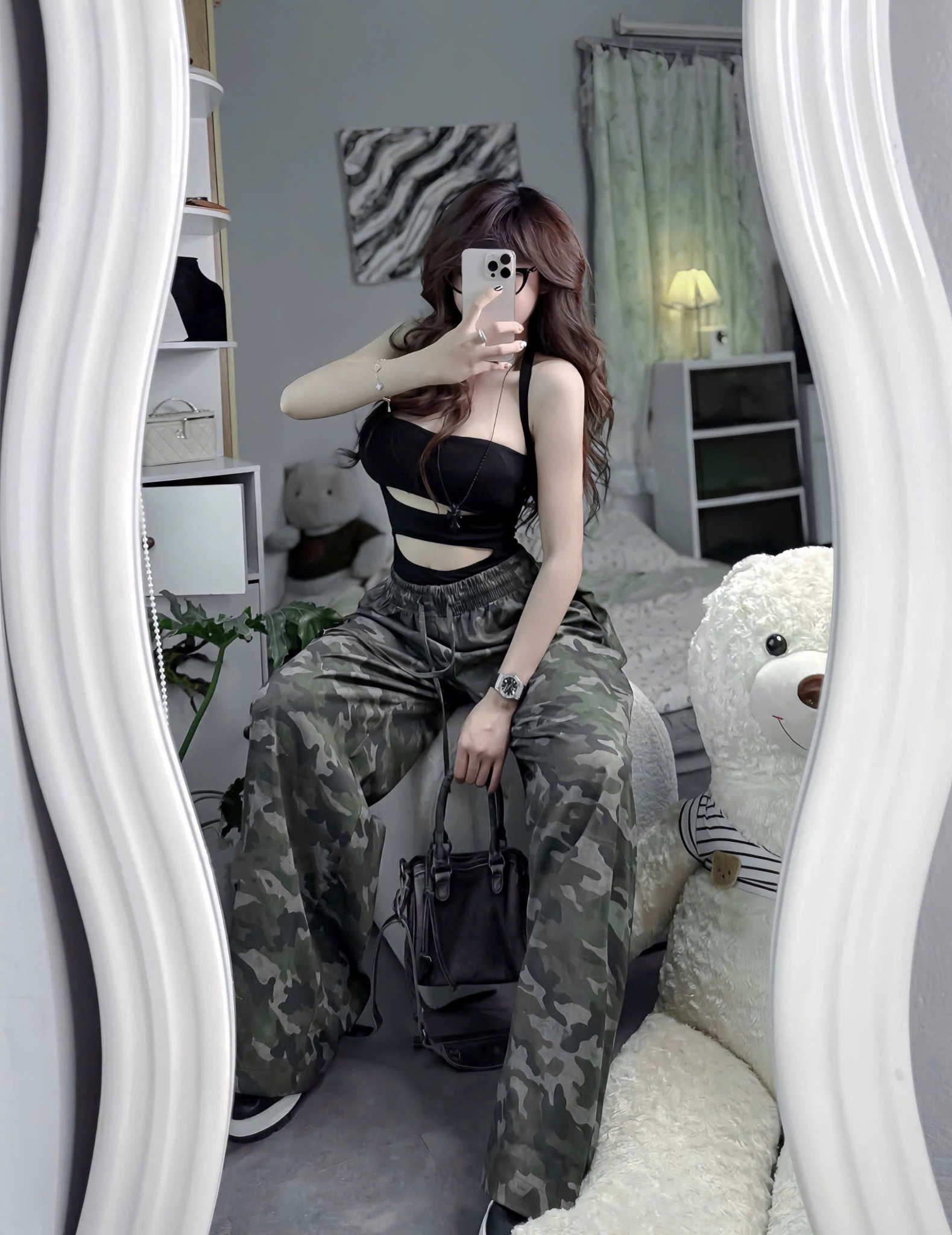  Set jumsuit cổ yếm khoét eo sexy mix quần vằn ghi quân đội ngầu đéc - T631 