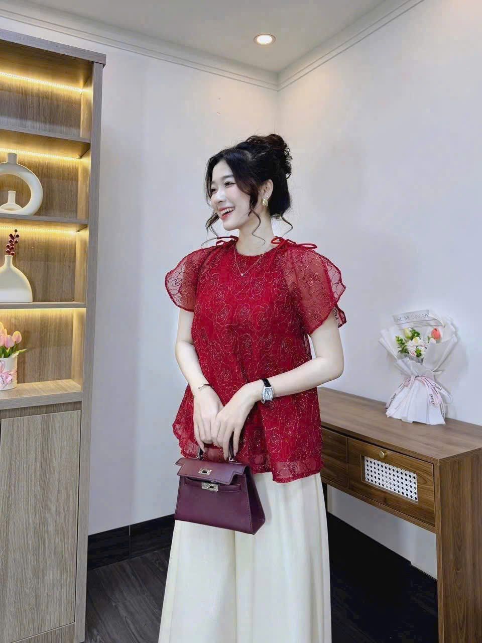  Set cách điệu áo thêu ren hoa mix chân váy suông dài - ĐỎ - G80 ( CV DÀI 90CM, ÁO 62CM ) 