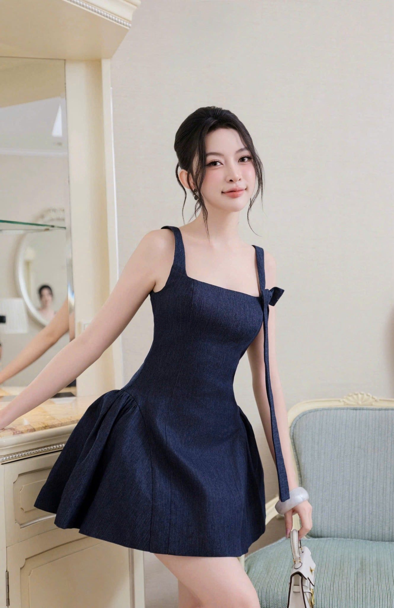  Đầm jean hai dây cổ u đan dây lưng forrm xòe - K105 (EO S<68, M<72, L<76) 