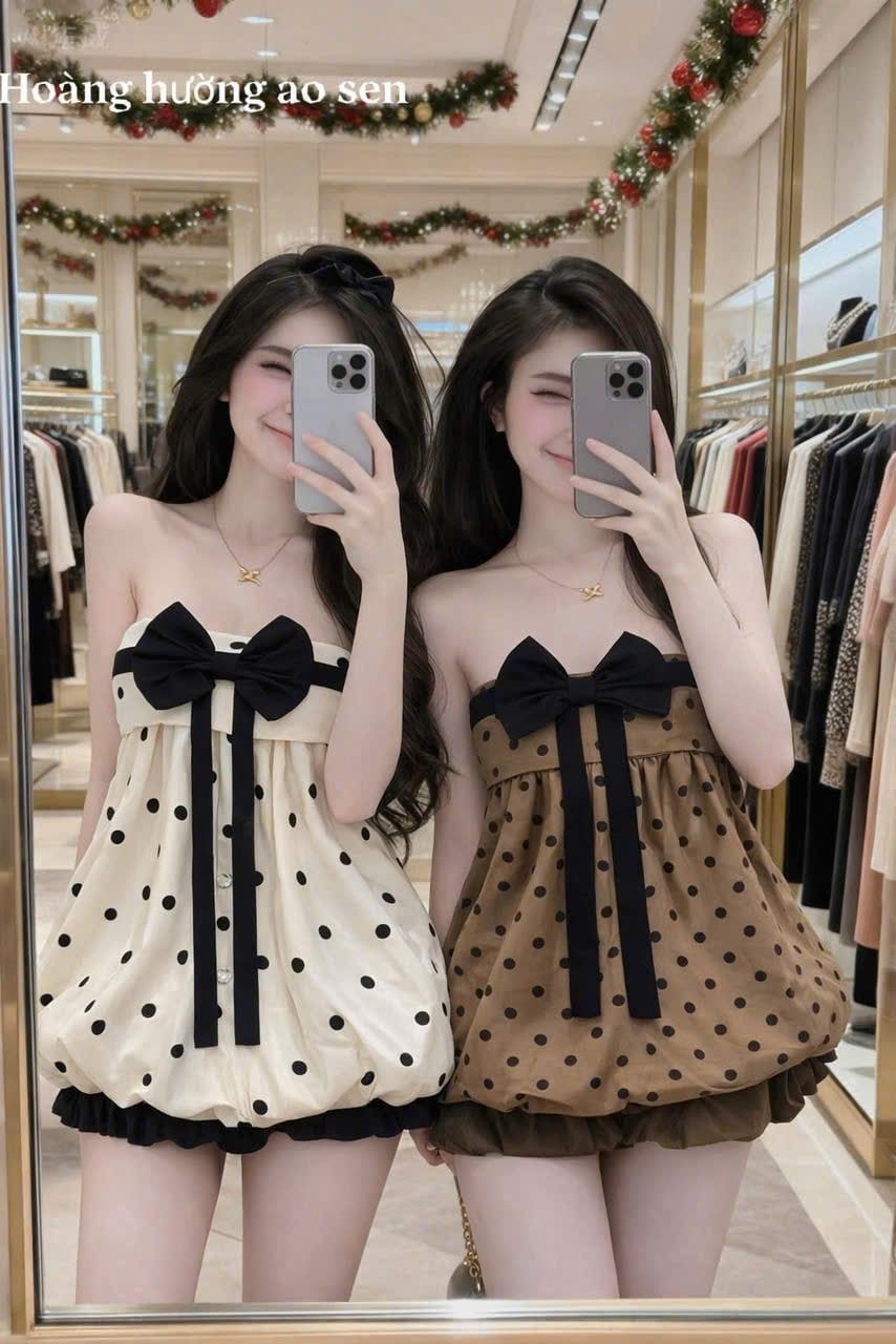  Áo 2 dây chấm bi dáng babydoll kèm nơ mix quần bí - NÂU -  K138 
