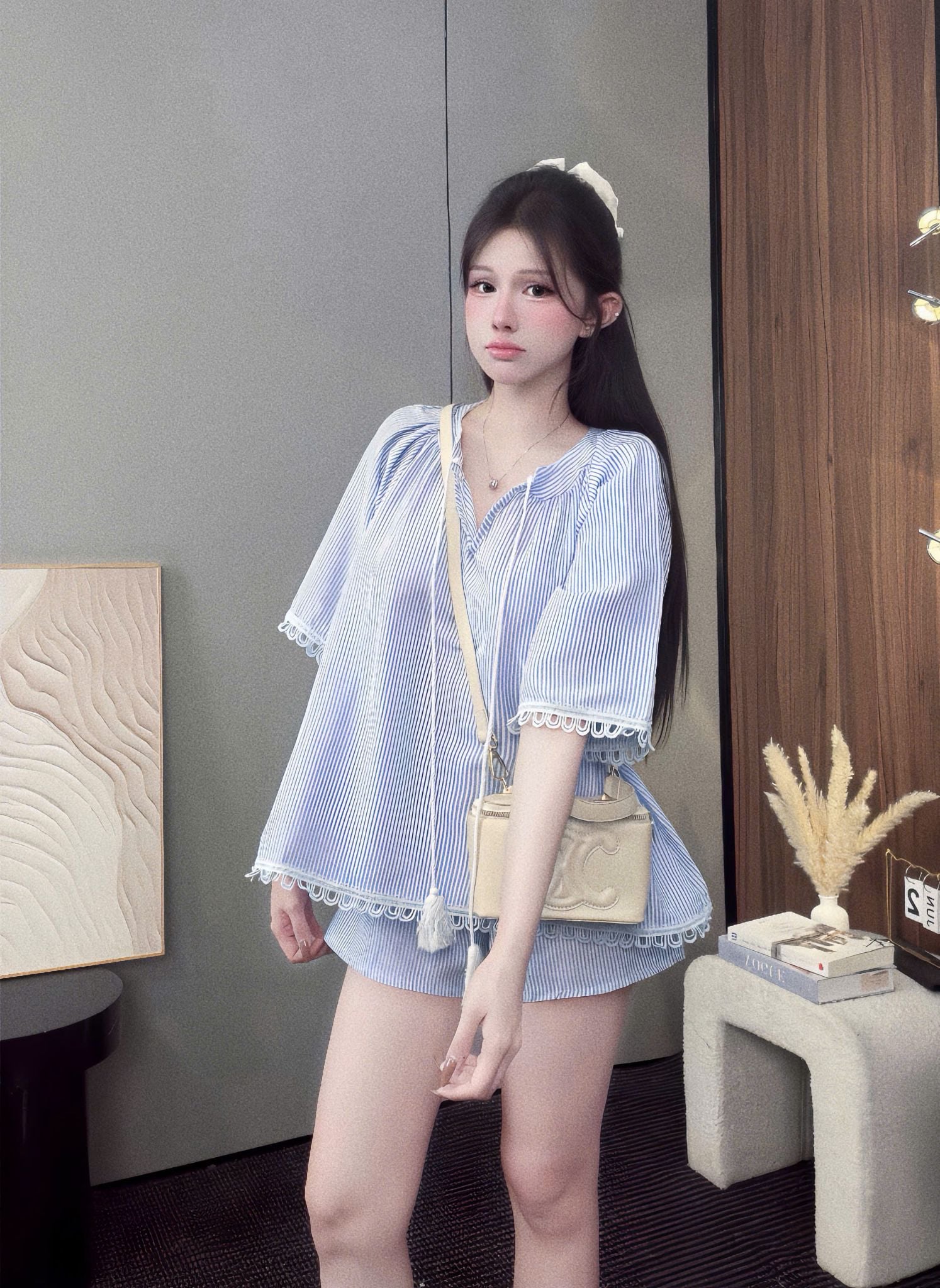  Set áo cổ trụ tay lỡ kẻ sọc mix quần ngắn - XANH - K159 