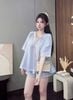  Set áo cổ trụ tay lỡ kẻ sọc mix quần ngắn - XANH - K159 