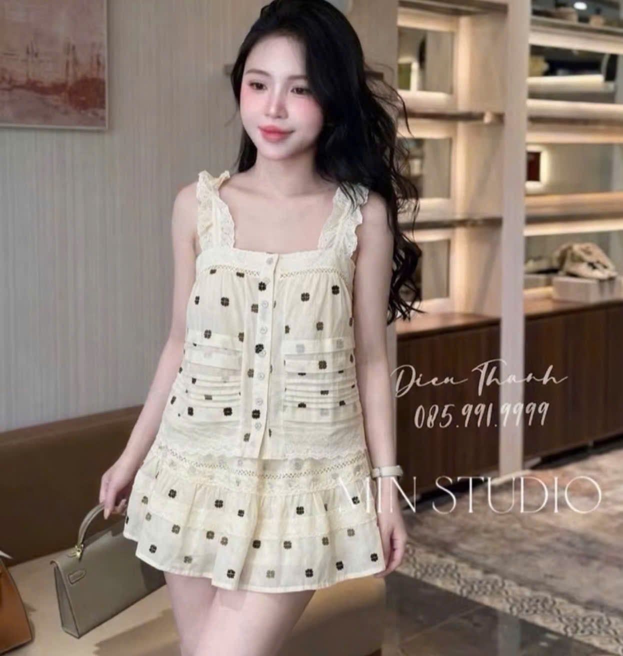  Set áo hai dây thô hoa viền ren mix chân váy - V67 