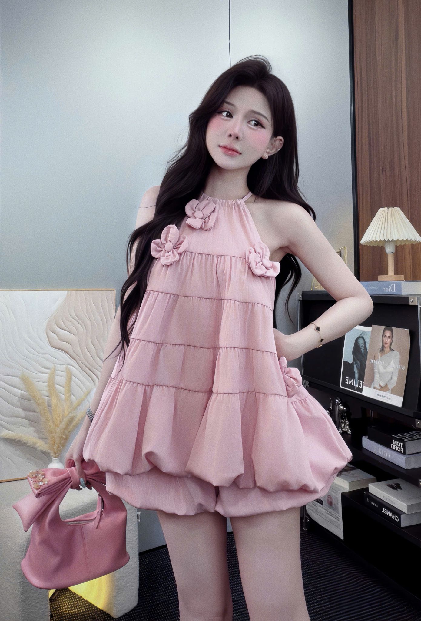  Set áo cổ yếm đính hoa mix quần bí bồng - HỒNG - V74 