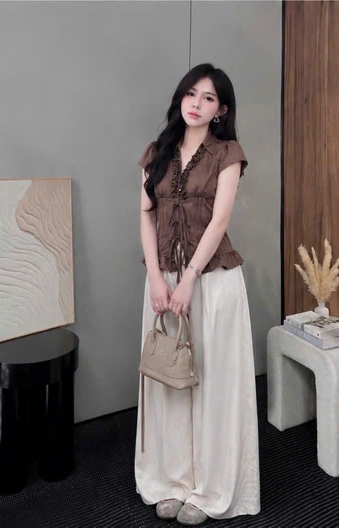  Set áo cổ bèo ly eo mix quần suông dáng dài - K133 
