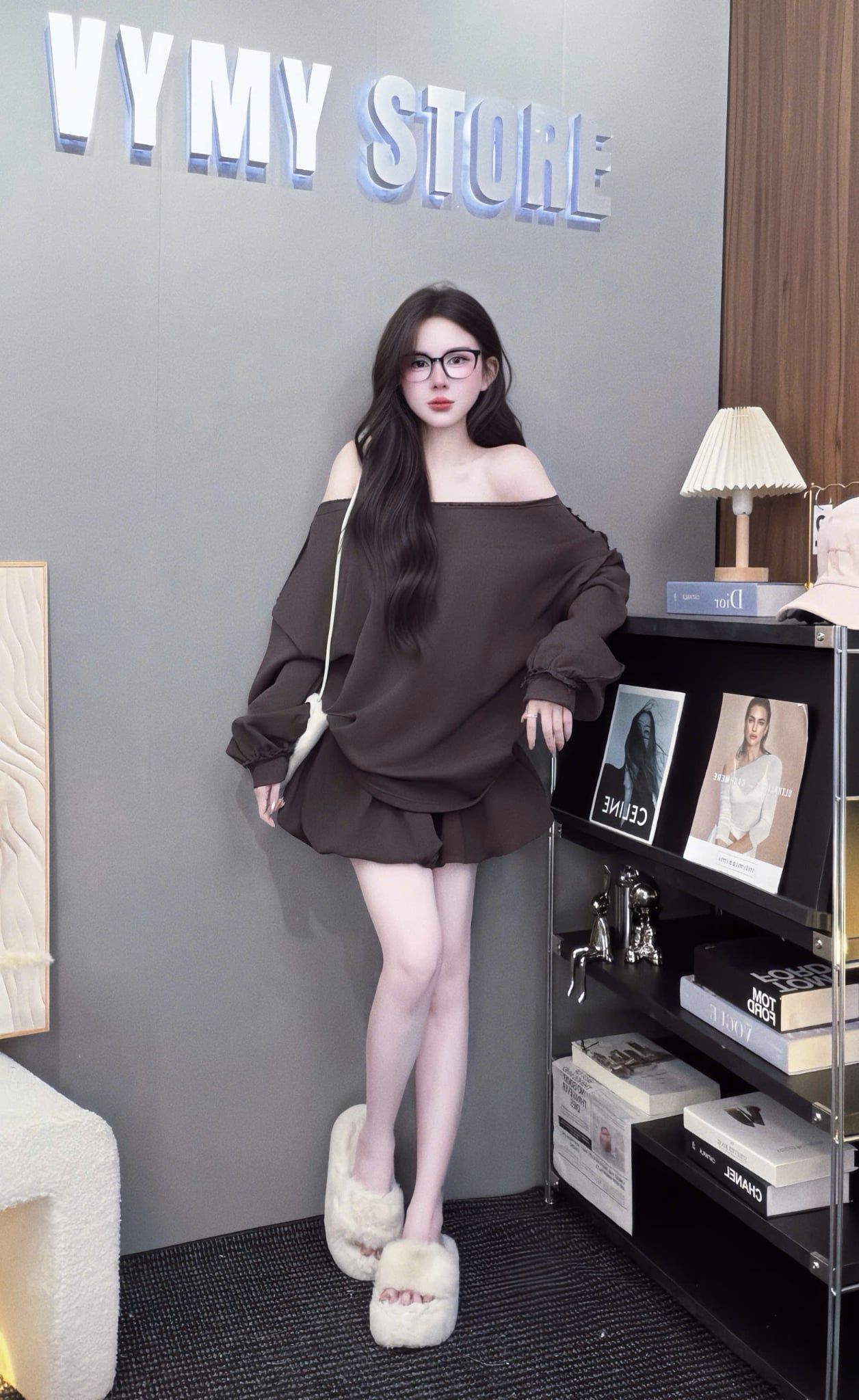  Set nỉ Basic áo lệch vai tay dài mix chân váy bí cùng chất - NÂU - V134 