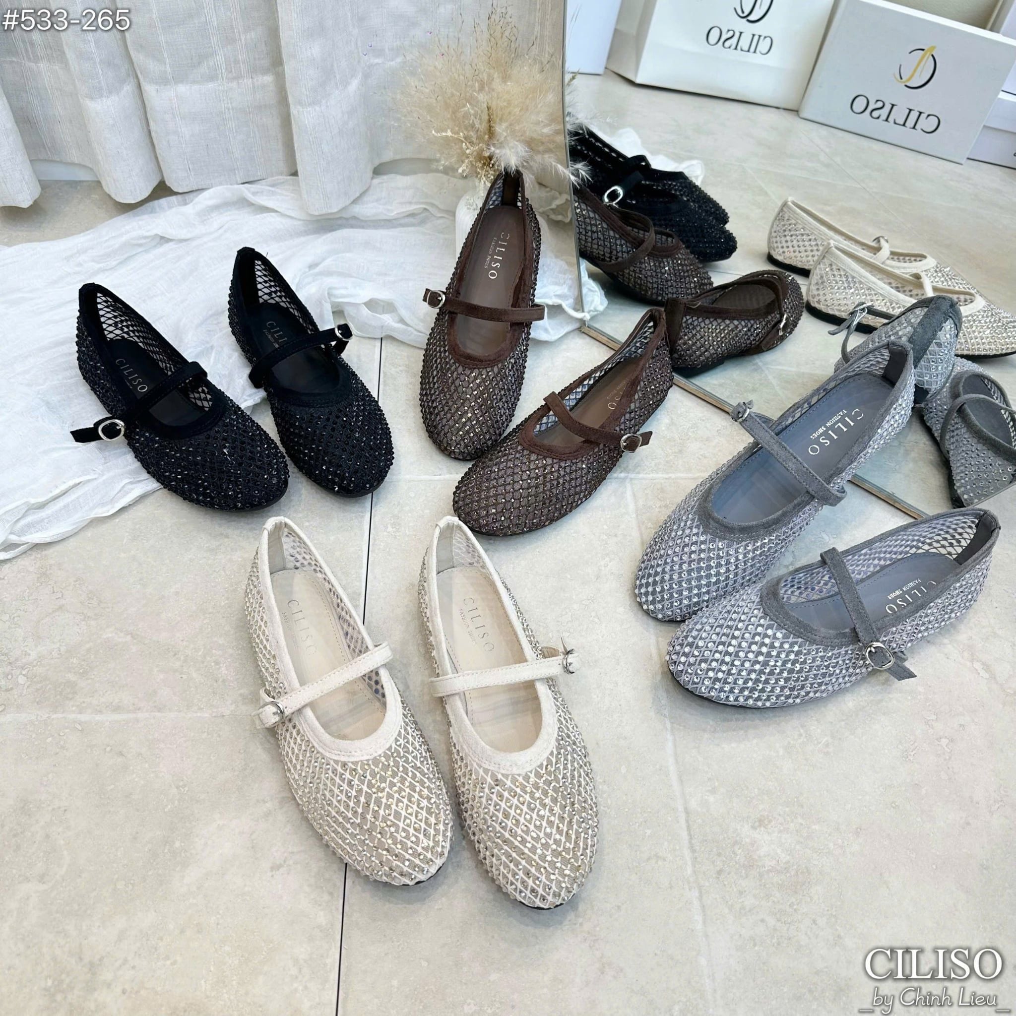  Giày búp bê lưới đính full đá kim sa FULLBOX QC L1 - NÂU - G6 