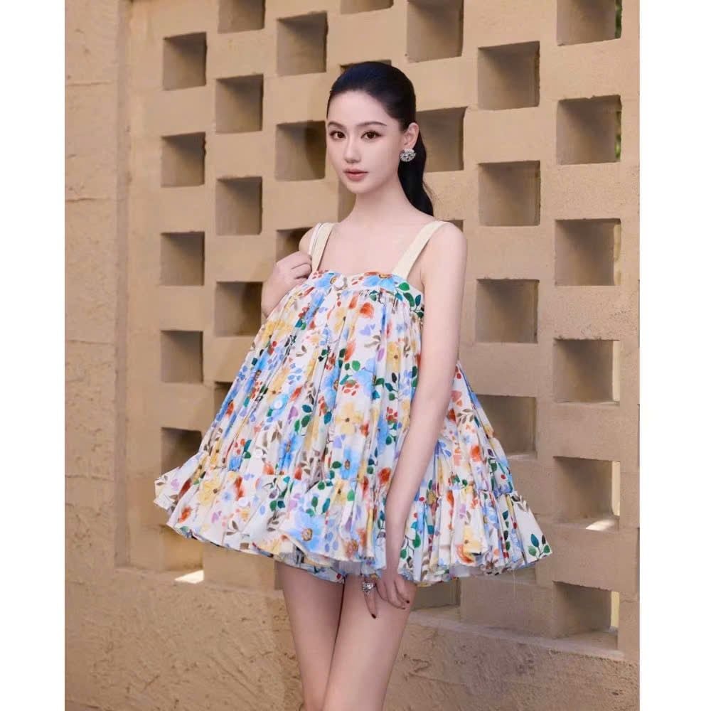  Set áo hai dây xoè bồng in hoa lá mix quần short ngắn - K9 