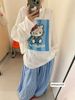 Set áo tay dài hoạ tiết Hello Kitty mix quần suông rộng bo gấu caro - XANH DƯƠNG - V129