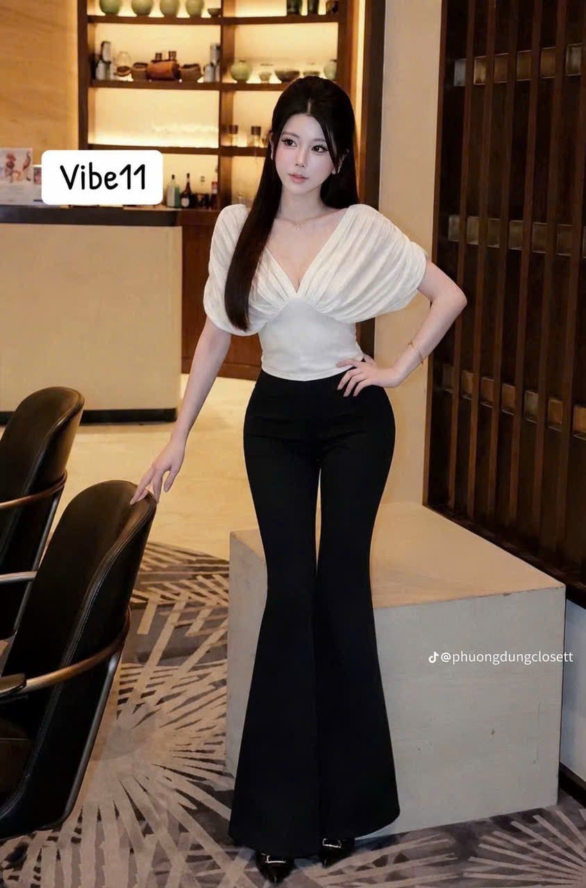 Set áo cổ V cánh dơi mix quần dài ống loe - TRẮNG - V161 