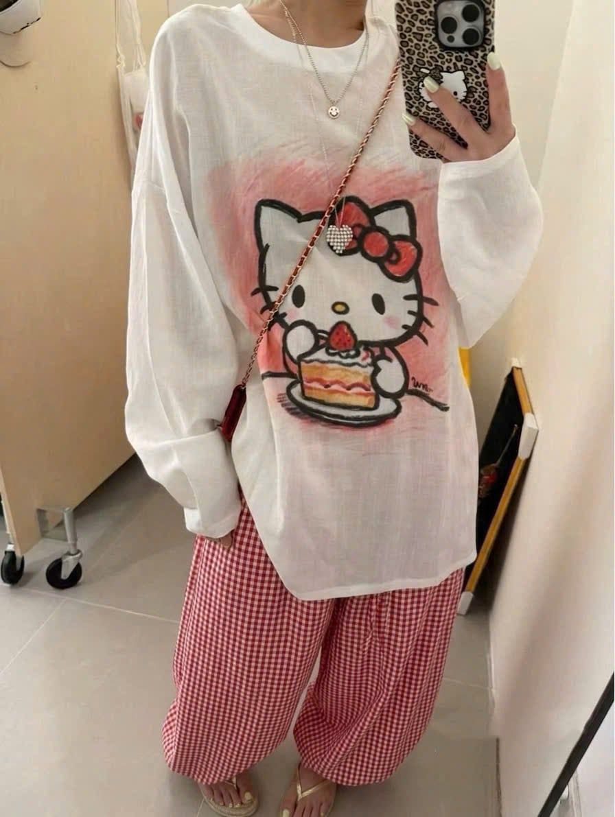  Set áo tay dài hoạ tiết Hello Kitty mix quần suông rộng bo gấu caro - ĐỎ - V127 