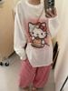 Set áo tay dài hoạ tiết Hello Kitty mix quần suông rộng bo gấu caro - ĐỎ - V127