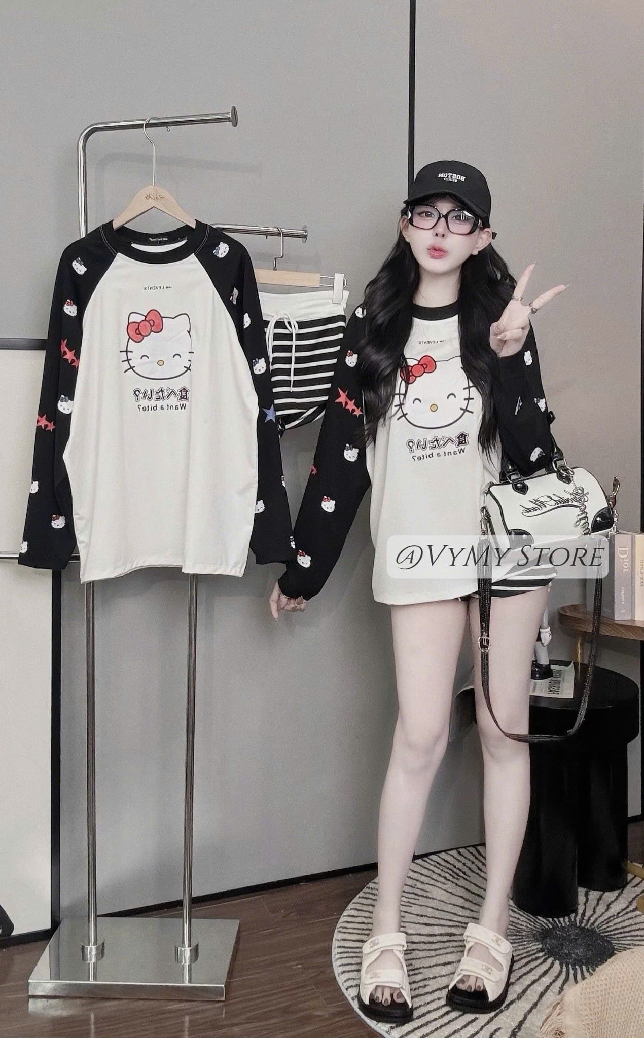  Q6 Set bộ HELO KITTY tay dài in hoạ tiết mix quần ngắn kẻ sọc lưng chun - E68 
