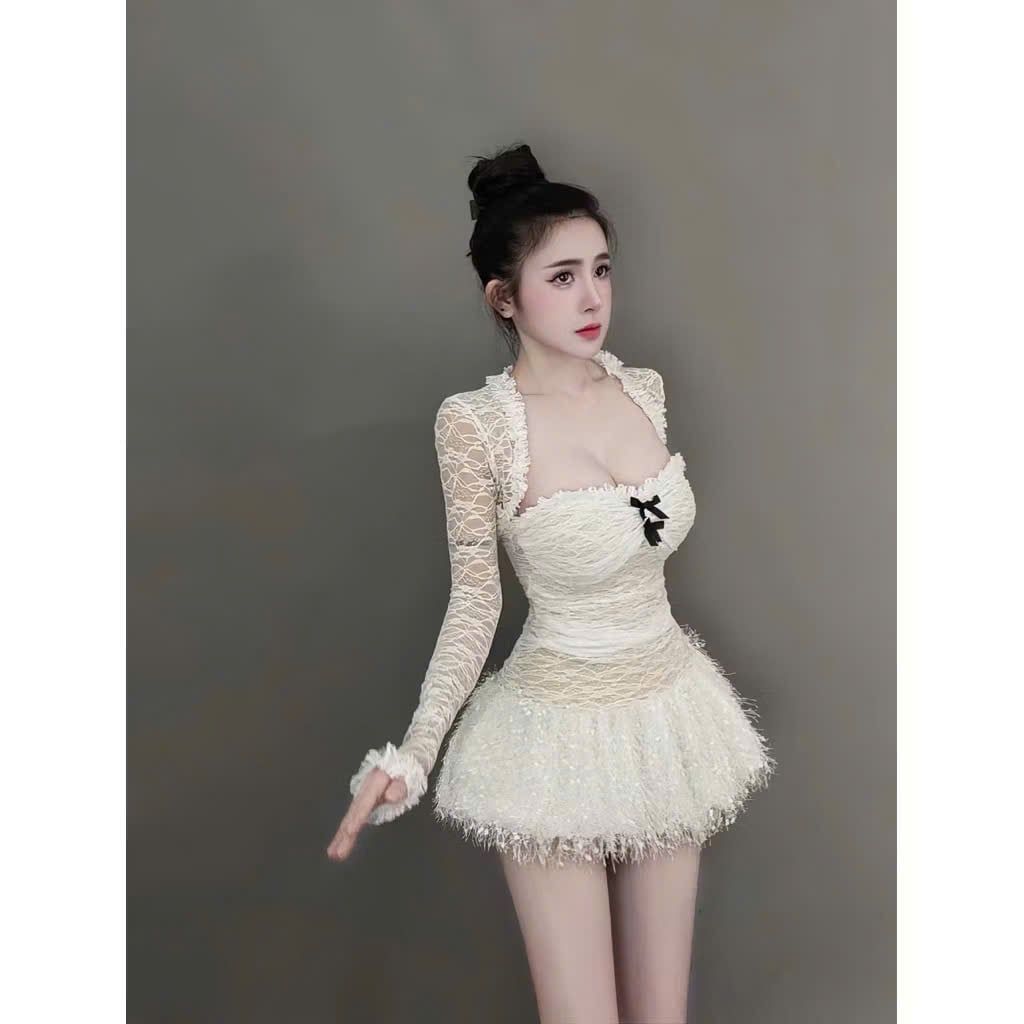  Set đầm 2 món cúp ren phối nơ tùng váy lông mềm sang chảnh - TRẮNG - G68 