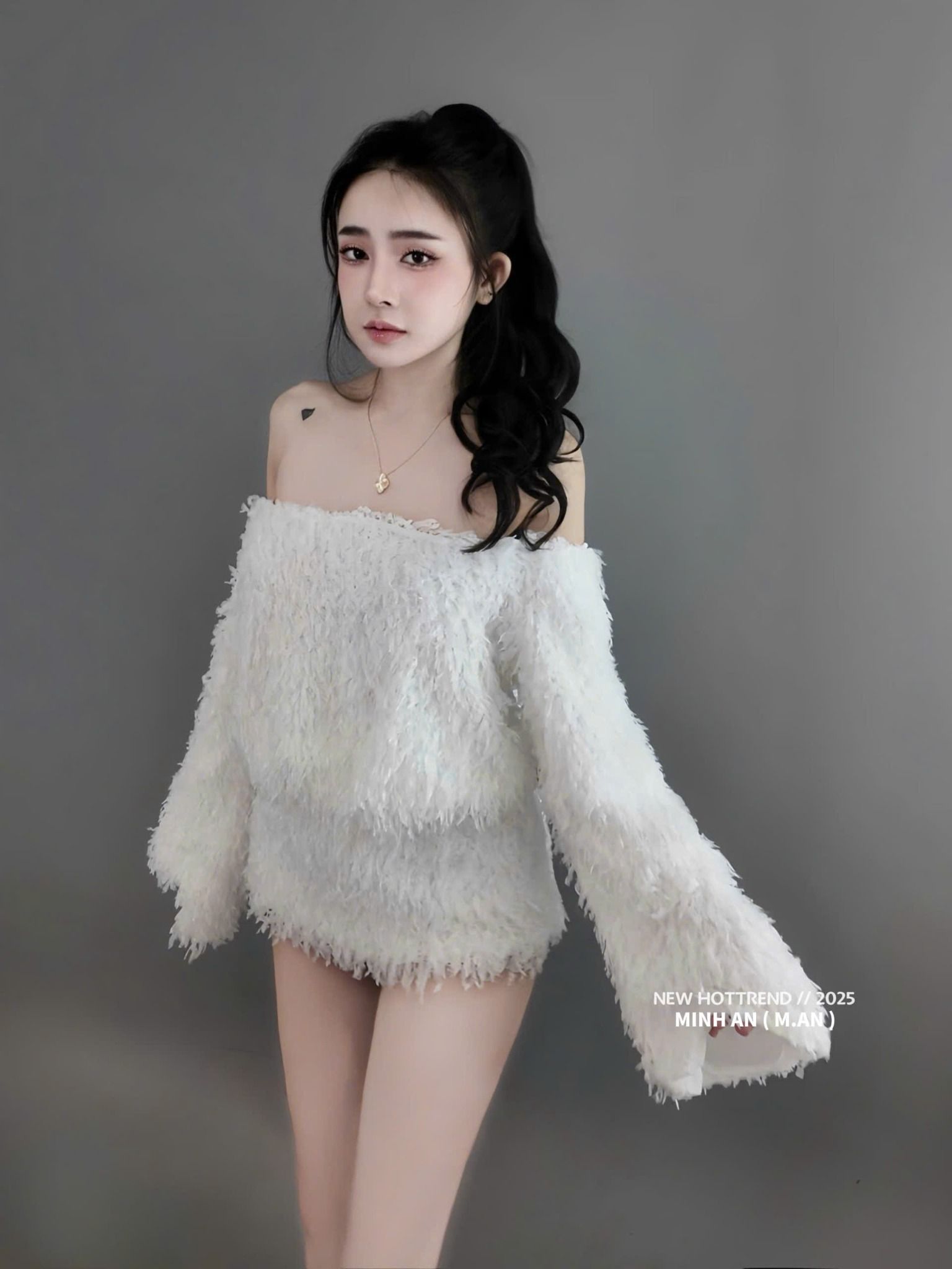  Set áo trễ vai mix chân váy dáng ngắn lông vũ - TRẮNG - G71 ( eo S<68, M<72 ) 