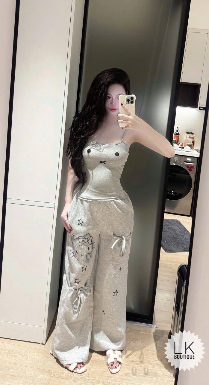  Set áo hai dây họa tiết cute mix quần suông dáng dài - XÁM - Z307 