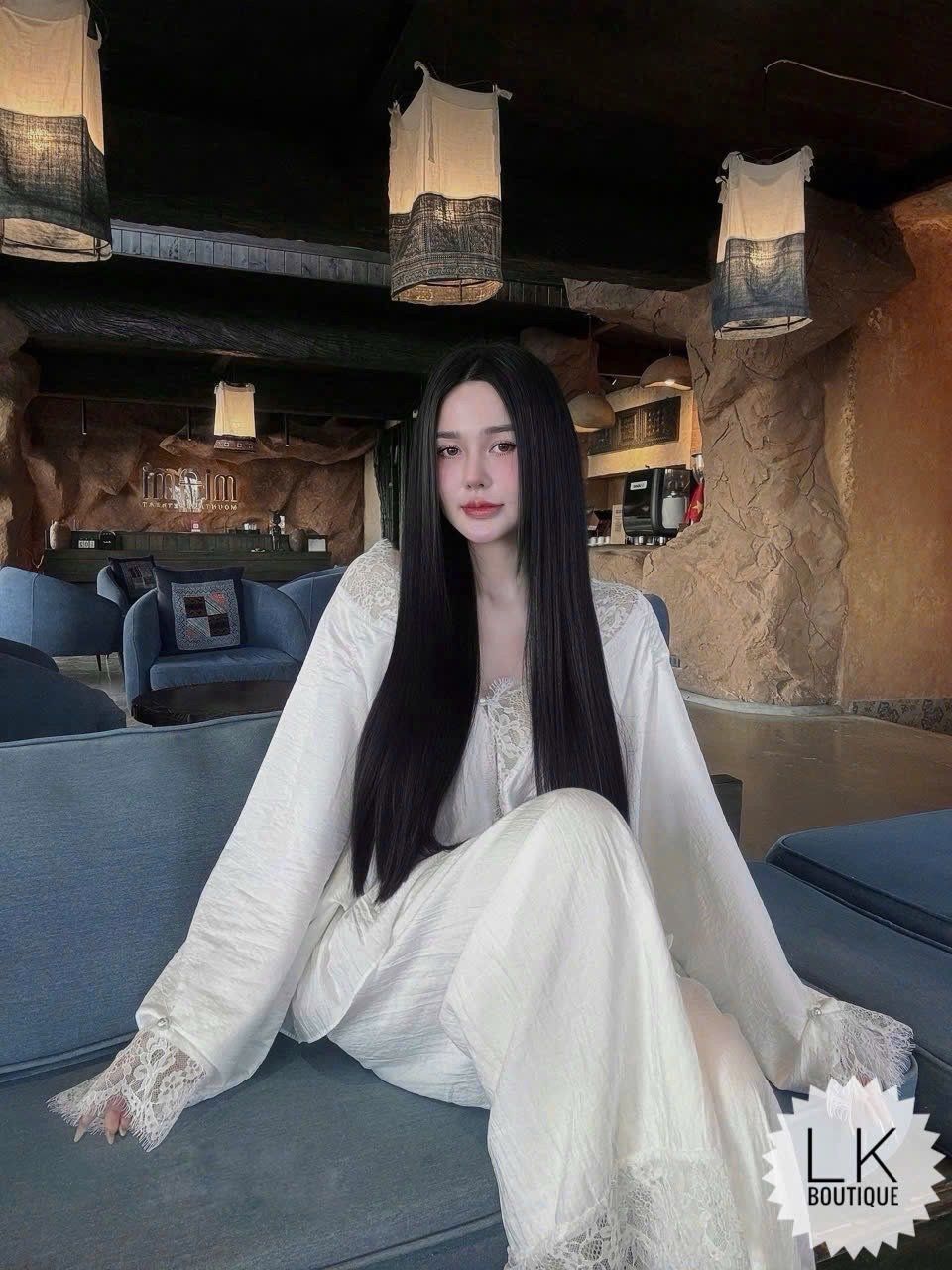  Set bộ ren sang chảnh áp tay dài kiểu dơi mix quần suông phối ren - TRẮNG - E242 