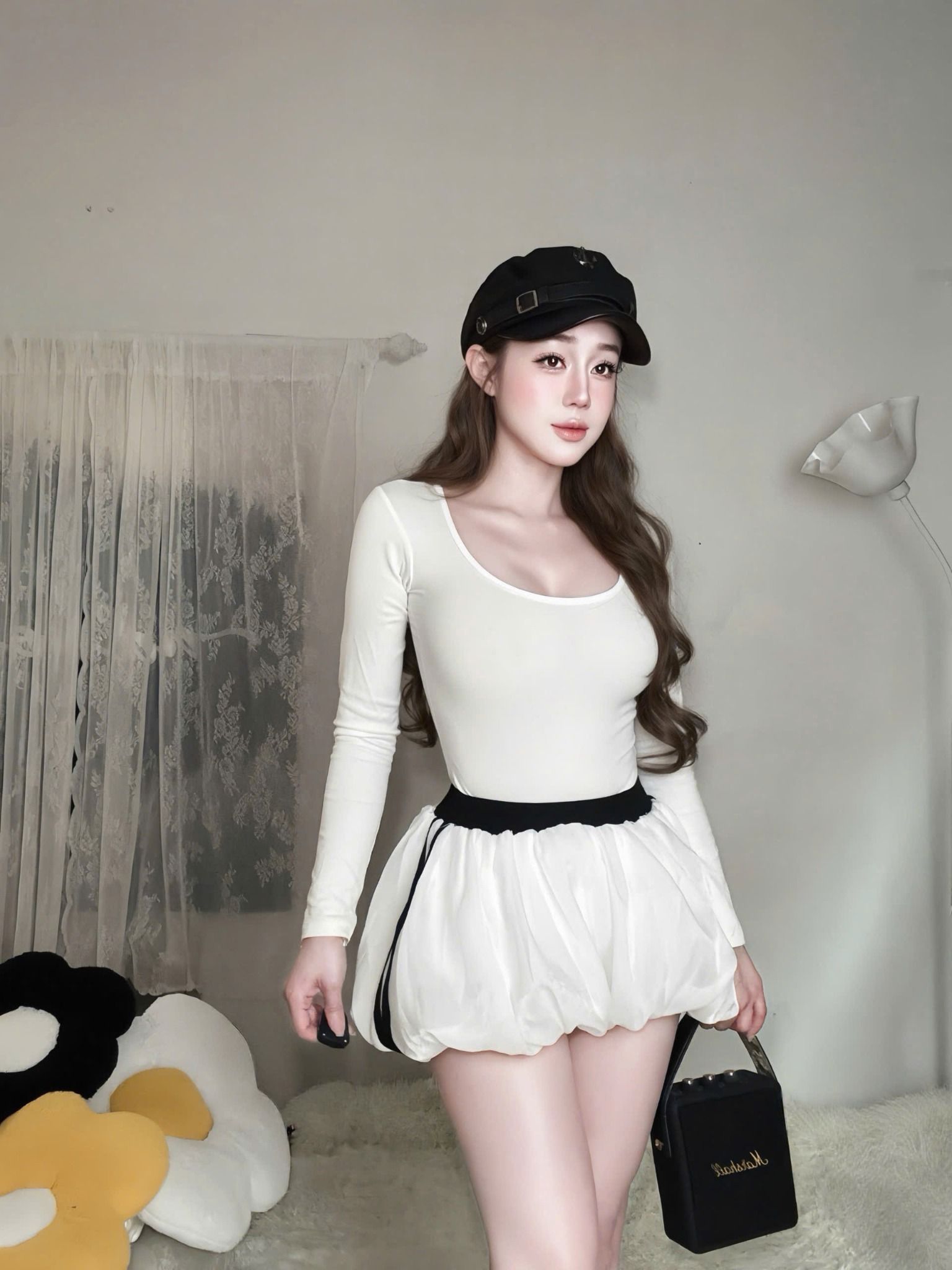  Set áo tay dài mix chân váy kẻ sọc chất tơ ánh nhũ - TRẮNG - C111 