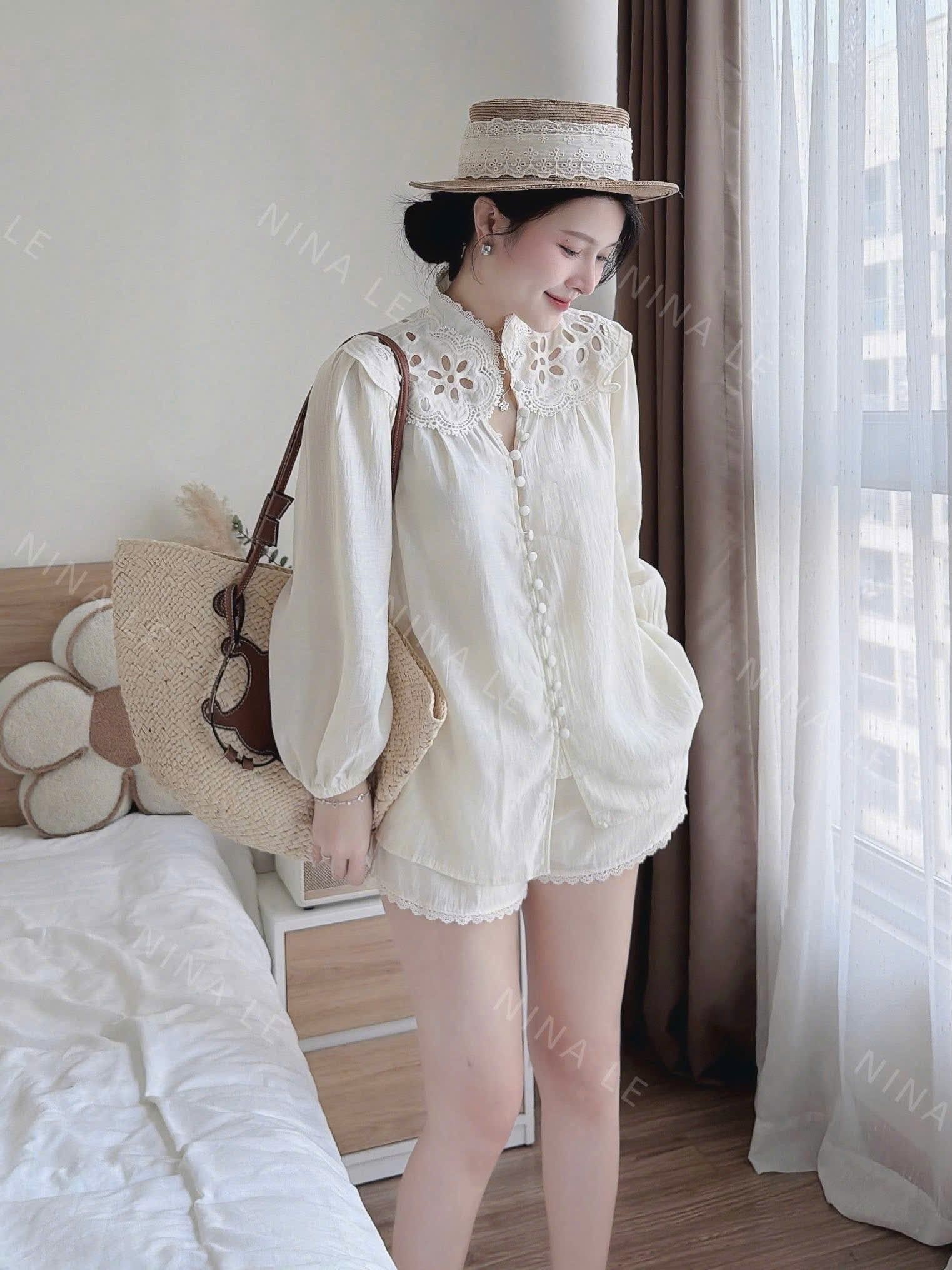  Set áo babydoll dài tay cổ cao phối ren mix quần short chất đũi vân - K217 