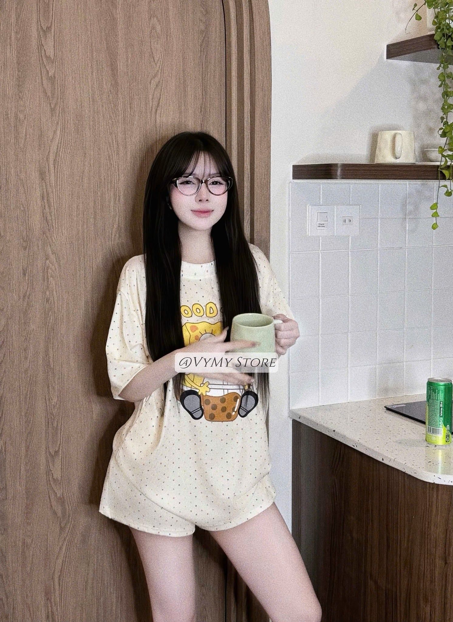  H110 Set bộ hoạ tiết bọt biển chấm bi mix quần ngắn - KEM - G156 