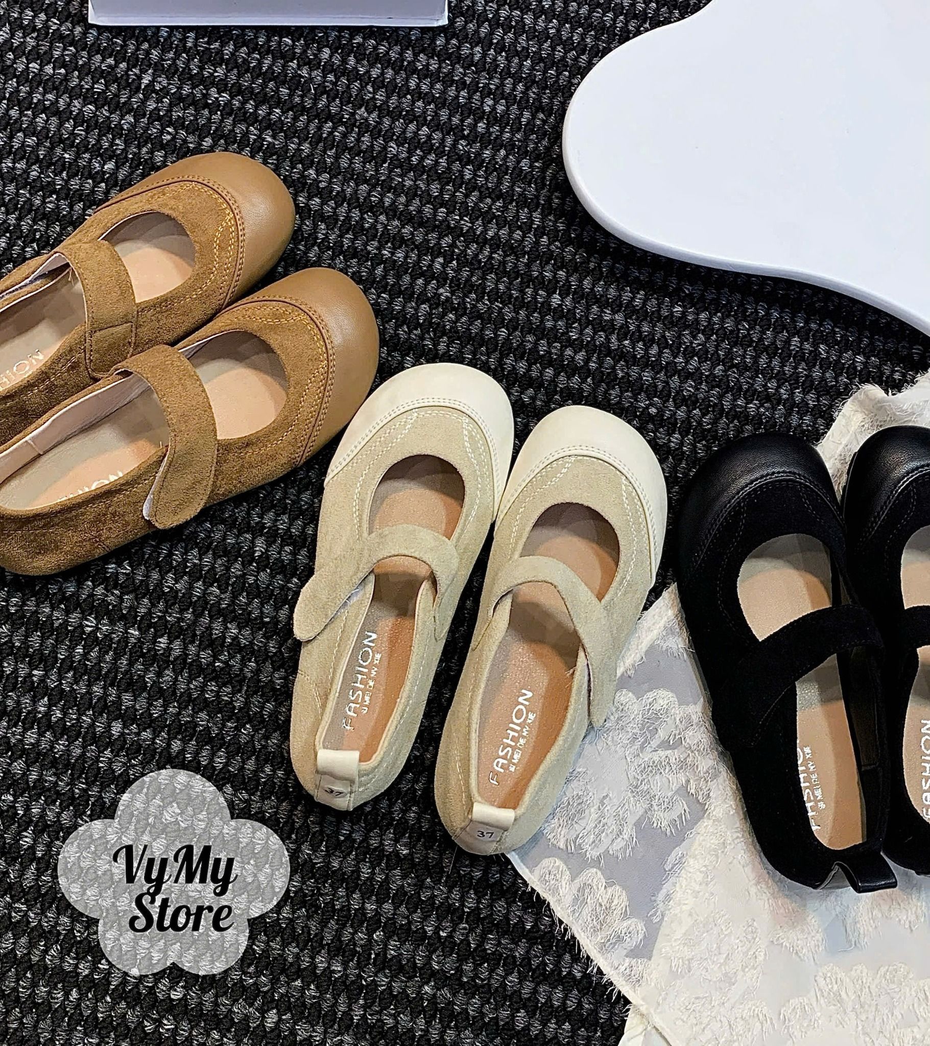  Giày búp bê mũi tròn da lộn phối da - KEM - Z10 