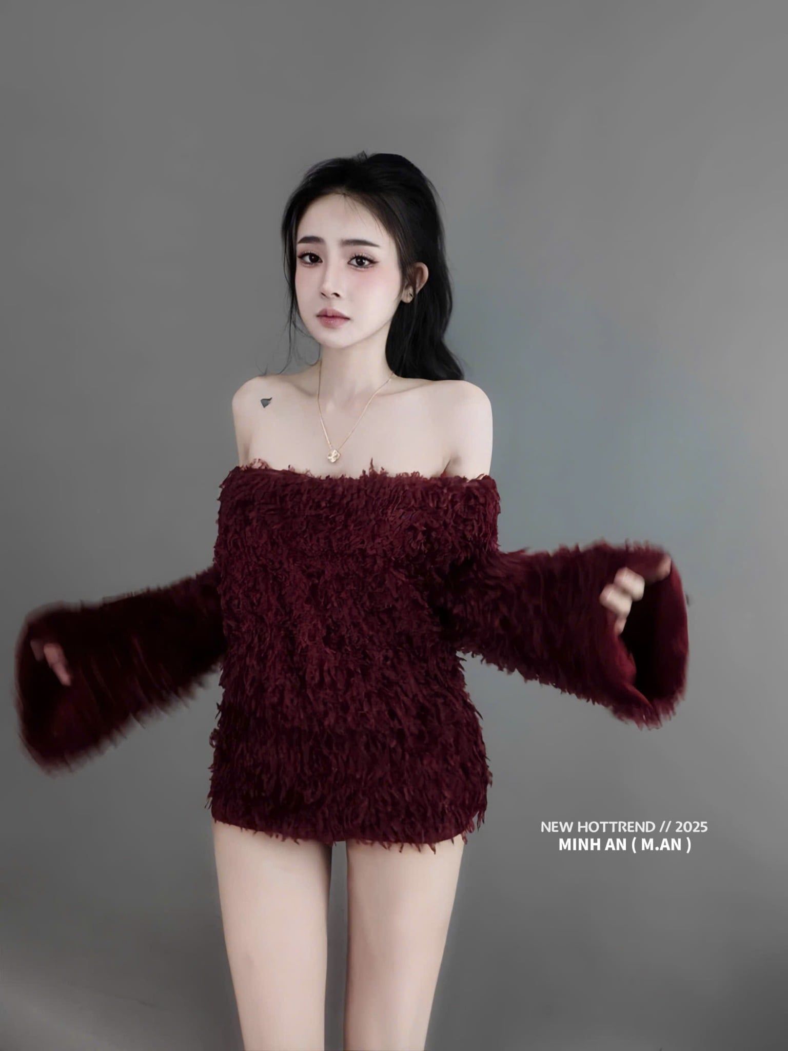  Set áo trễ vai mix chân váy dáng ngắn lông vũ - ĐỎ - G70 ( eo S<68, M<72 ) 