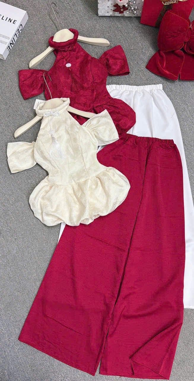  Set áo cổ yếm tay trễ vai bồng mix quần suông - ĐỎ - S139 ( QUẦN DÀI 100CM ) 