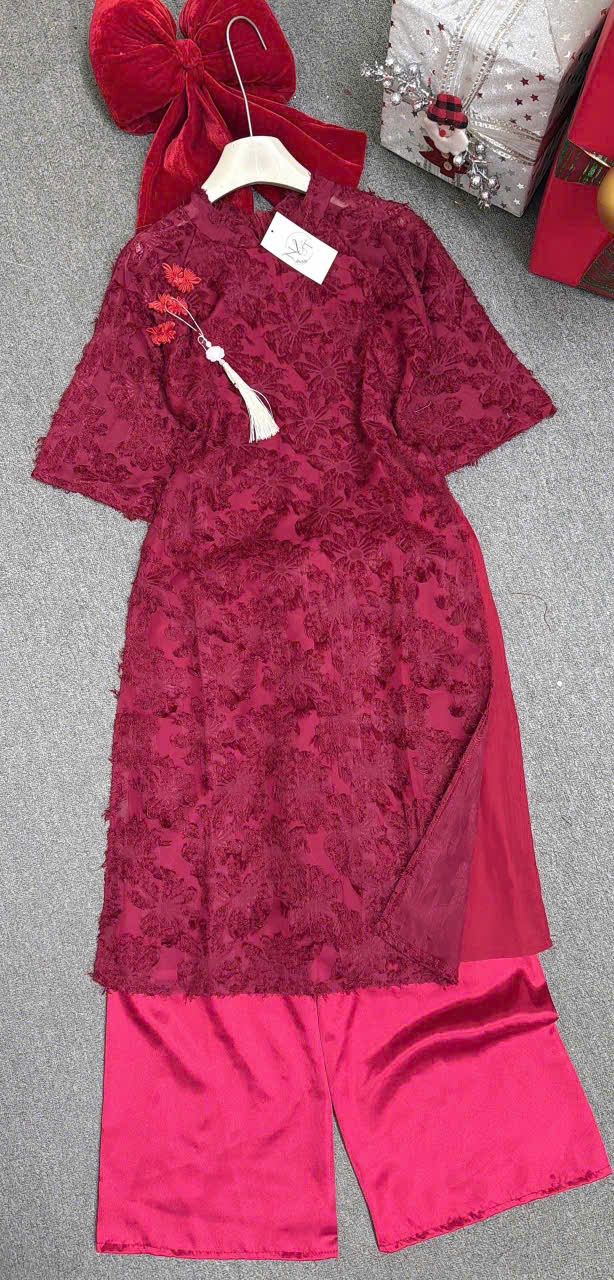  Set áo dài tứ thân cài nút tàu mix quần suông lụa - S138 ( quần dài 96cm , áo 107cm ) 