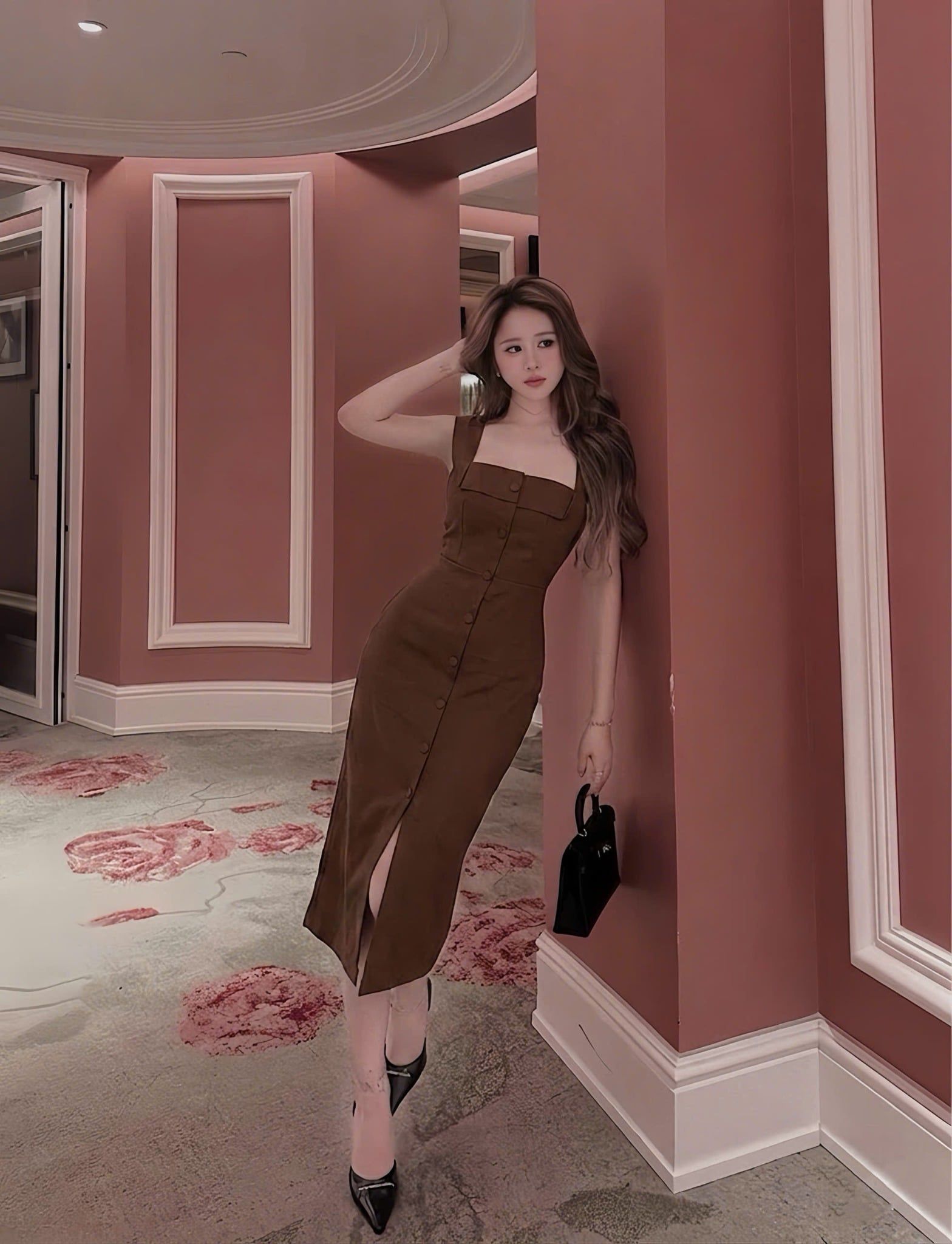  Đầm suông 2 dây bản to sẻ tà - NÂU - K198 ( chiều dài : 120cm ) 